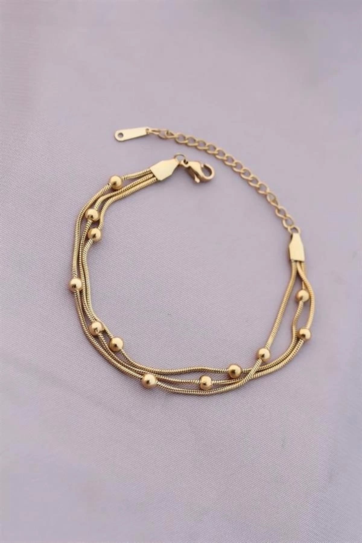Lale Moda 316L Kararmaz Çelik Gold Renk Top Zincirli Kadın Bileklik