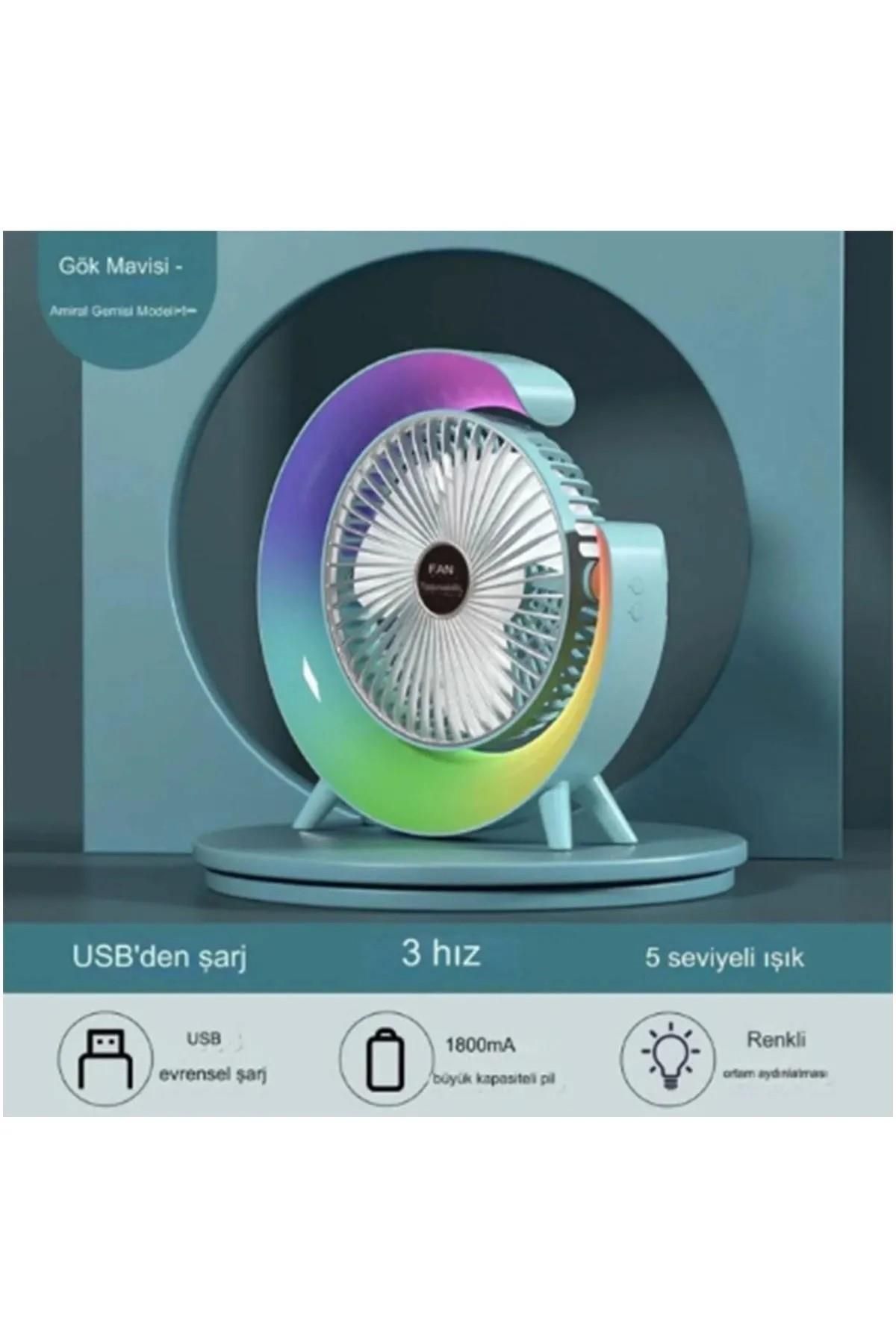 PREPARE Masaüstü Vantilatör Usb Şarjlı Rgb Led Işıklı 3 Kademeli 180° Ayarlanabilir Soğutucu Fan Pembe