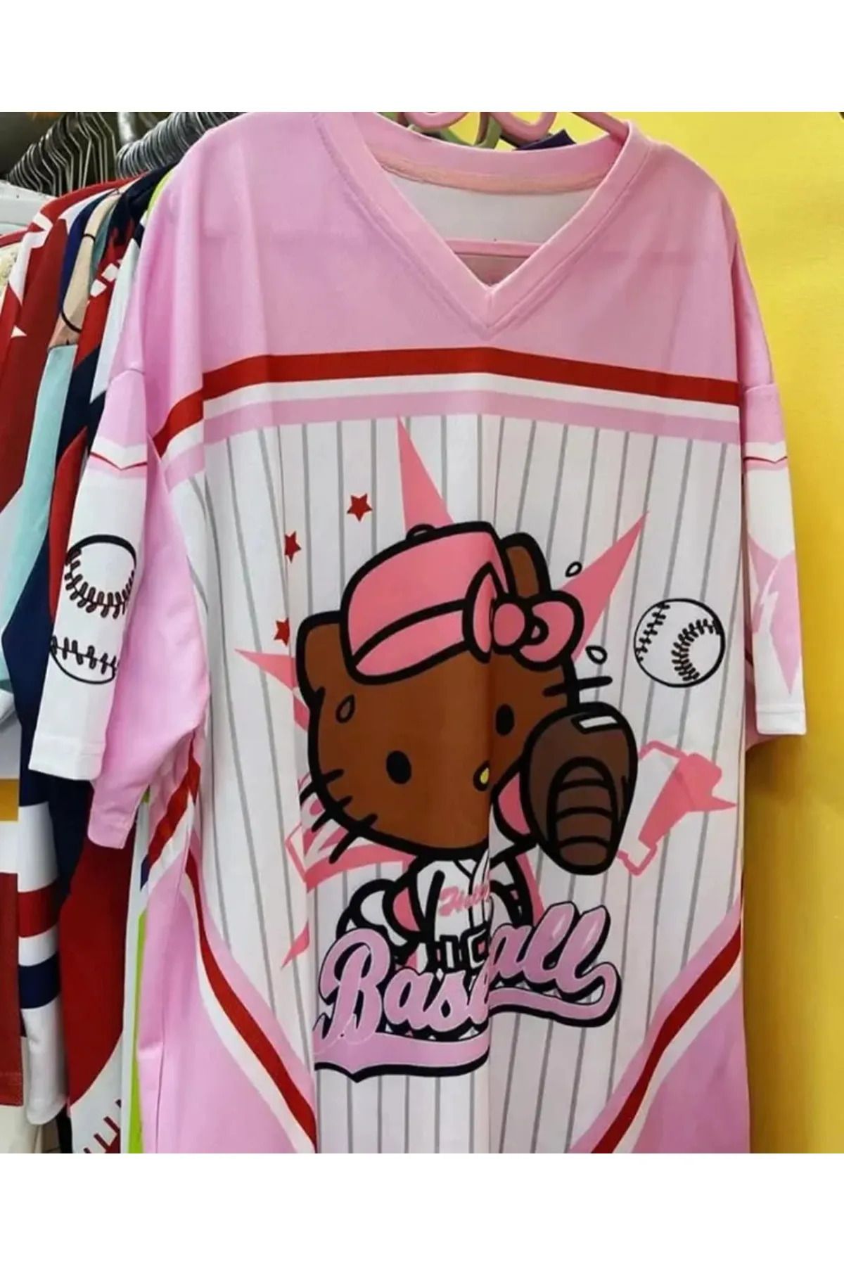 Gofeel Pembe Hello Kitty Beyzbol Baskı Detail Jersey Kısa Kol Forma