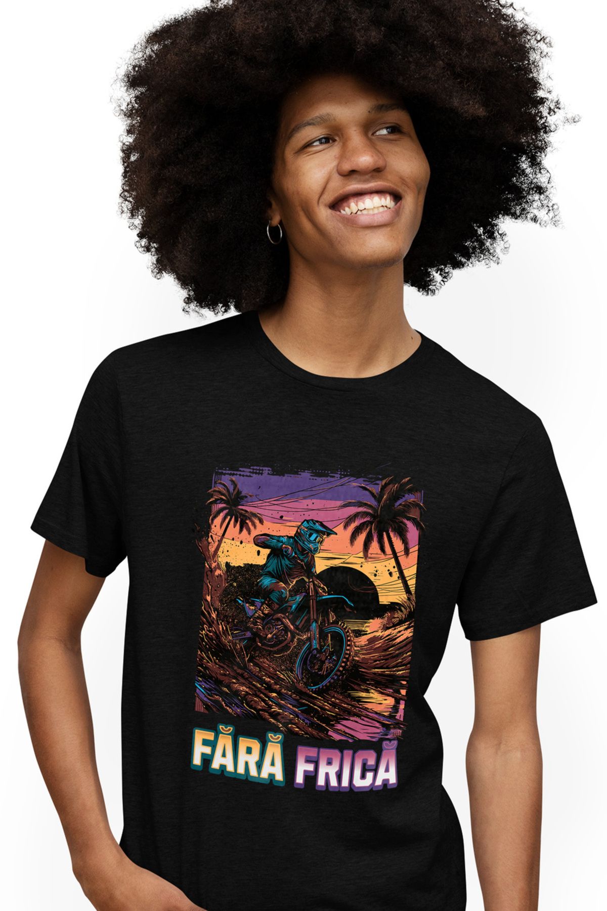 StoryGift Romania Tricou Barbati Fara Frica Motor Plaja Apus De Soare Cu Imprimeu Pe Fata, 100% Bumbac, Negrstg Masculin - M