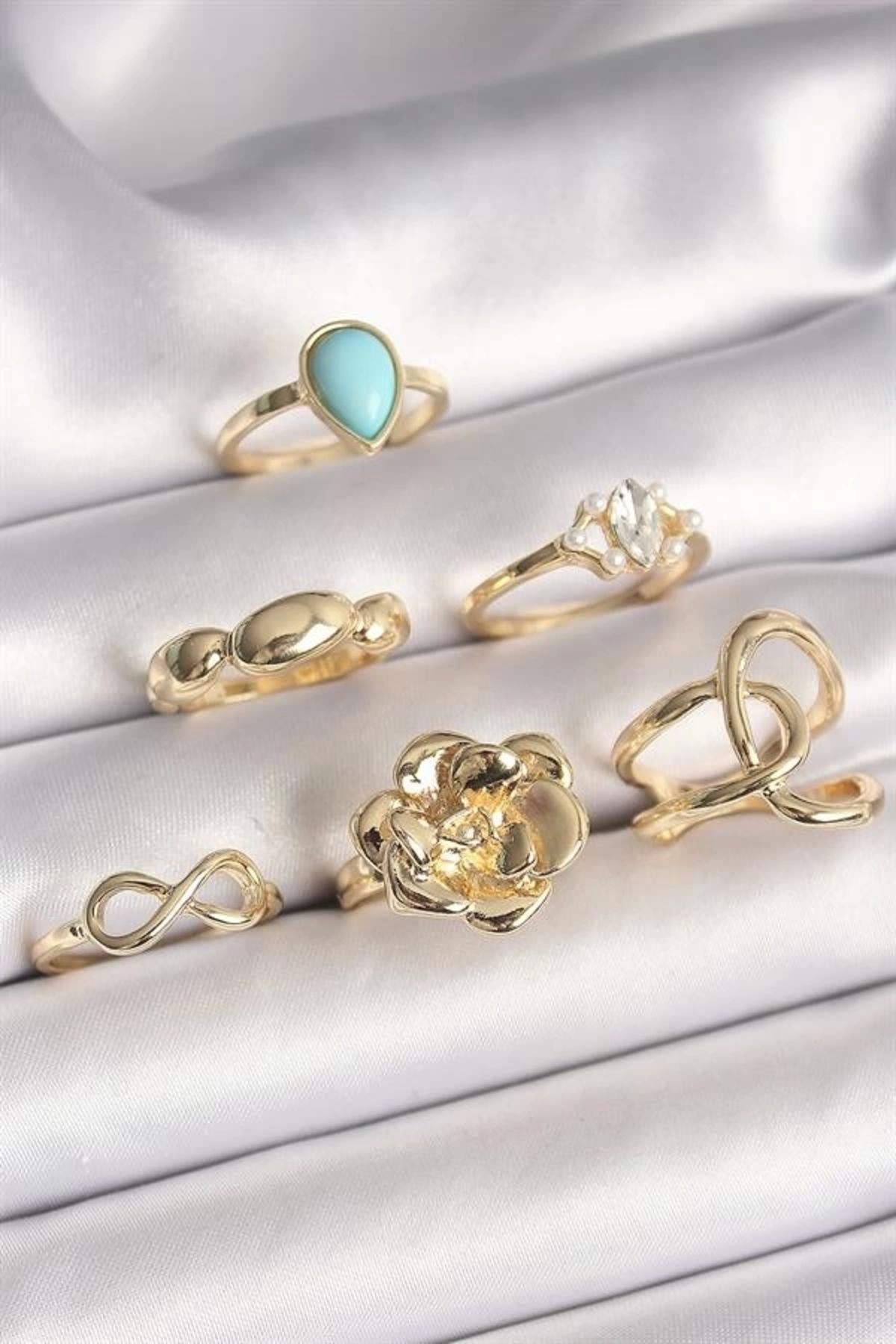 Lale Moda Pirinç Gold Renk Çiçek Model Model Sonsuzluk Zirkon Taş Detaylı 6'Lı Kadın Yüzük Seti
