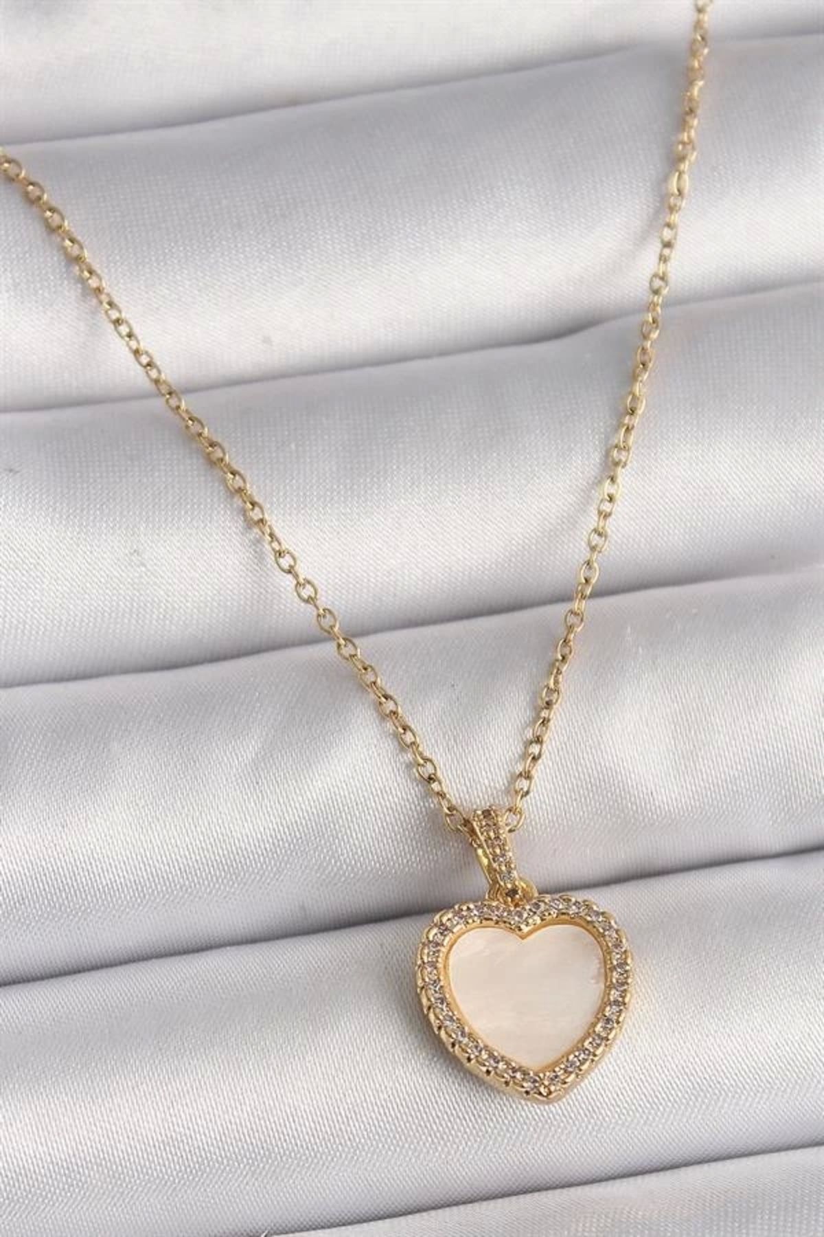 Lale Moda 316L Çelik Gold Renk Zincir Zirkon Taşlı Beyaz Mineli Kalp Model Kadın Kolye