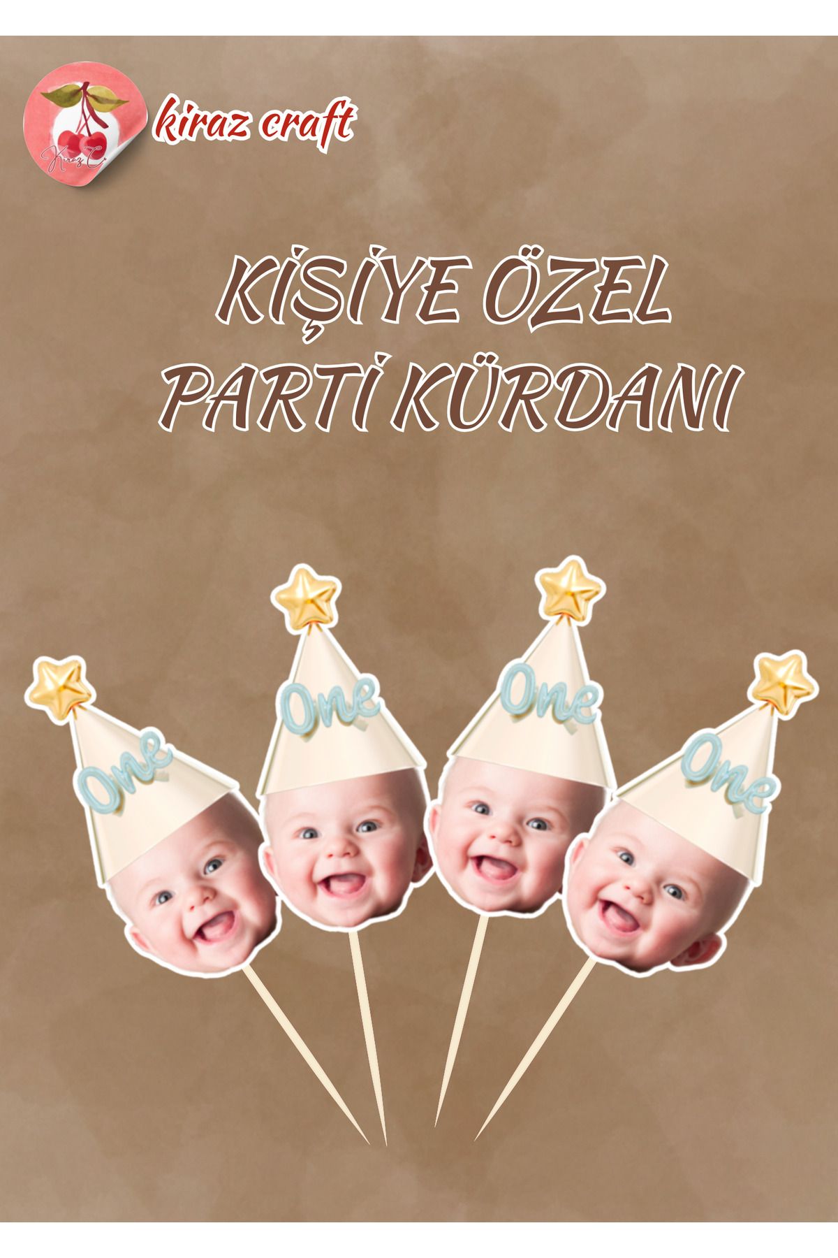 Kiraz Craft Kişiye Özel Parti Şapkası Temalı Parti Kürdanı- Cupcake Kürdanı 10 Adet Pasta Süsü