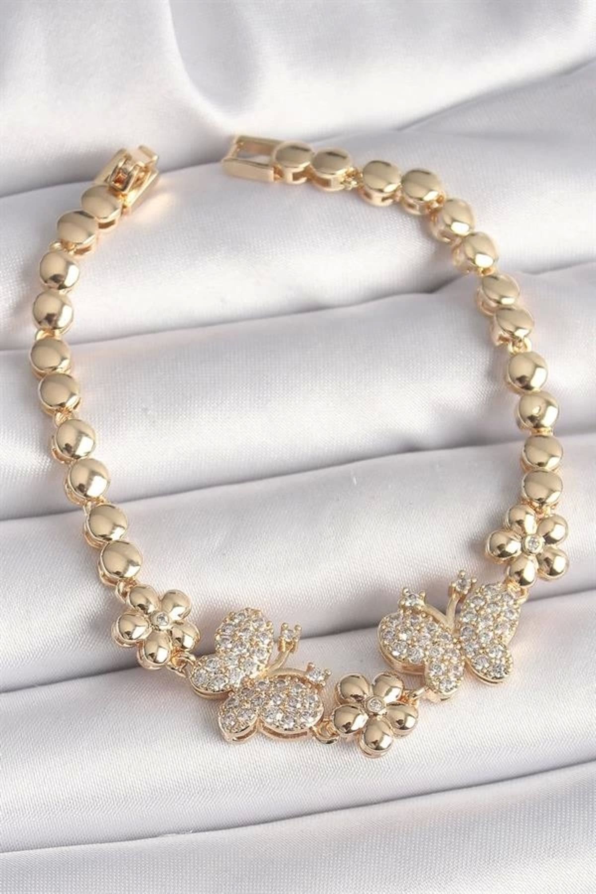 Lale Moda Pirinç Gold Renk Zirkon Taşlı Kelebek Figür Çiçek Zincir Model Kadın Bileklik