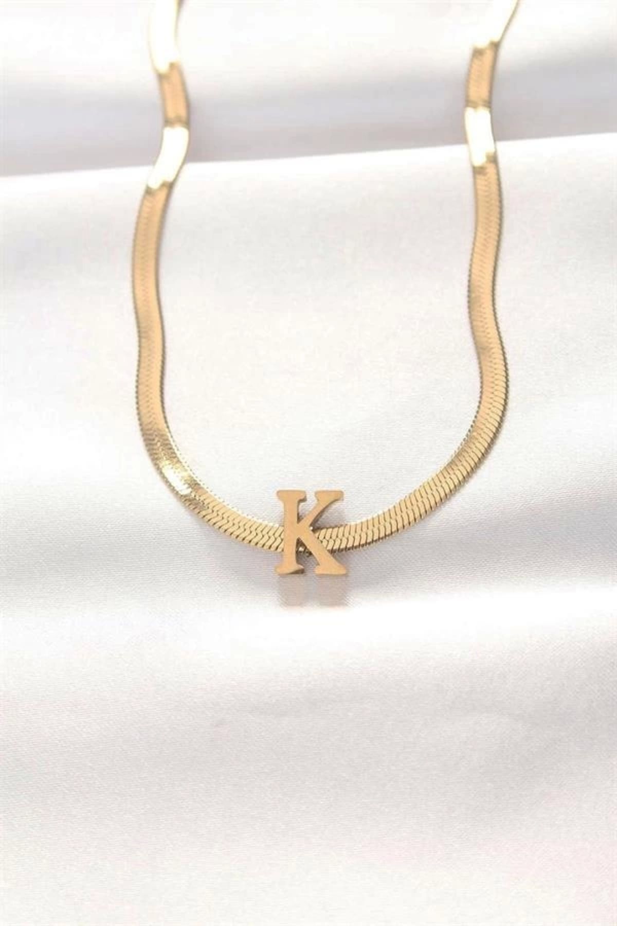 Lale Moda 316L Çelik K Harfli Gold Renk İtalyan Zincirli Kolye