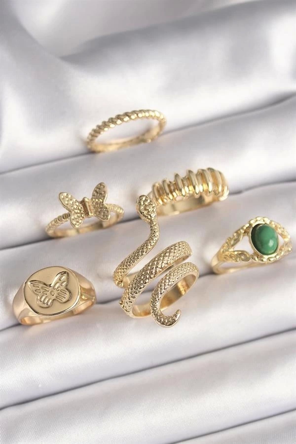 Lale Moda Pirinç Gold Renk İşlemeli Yılan Model Kelebek Detay 6'Lı Kadın Yüzük Seti