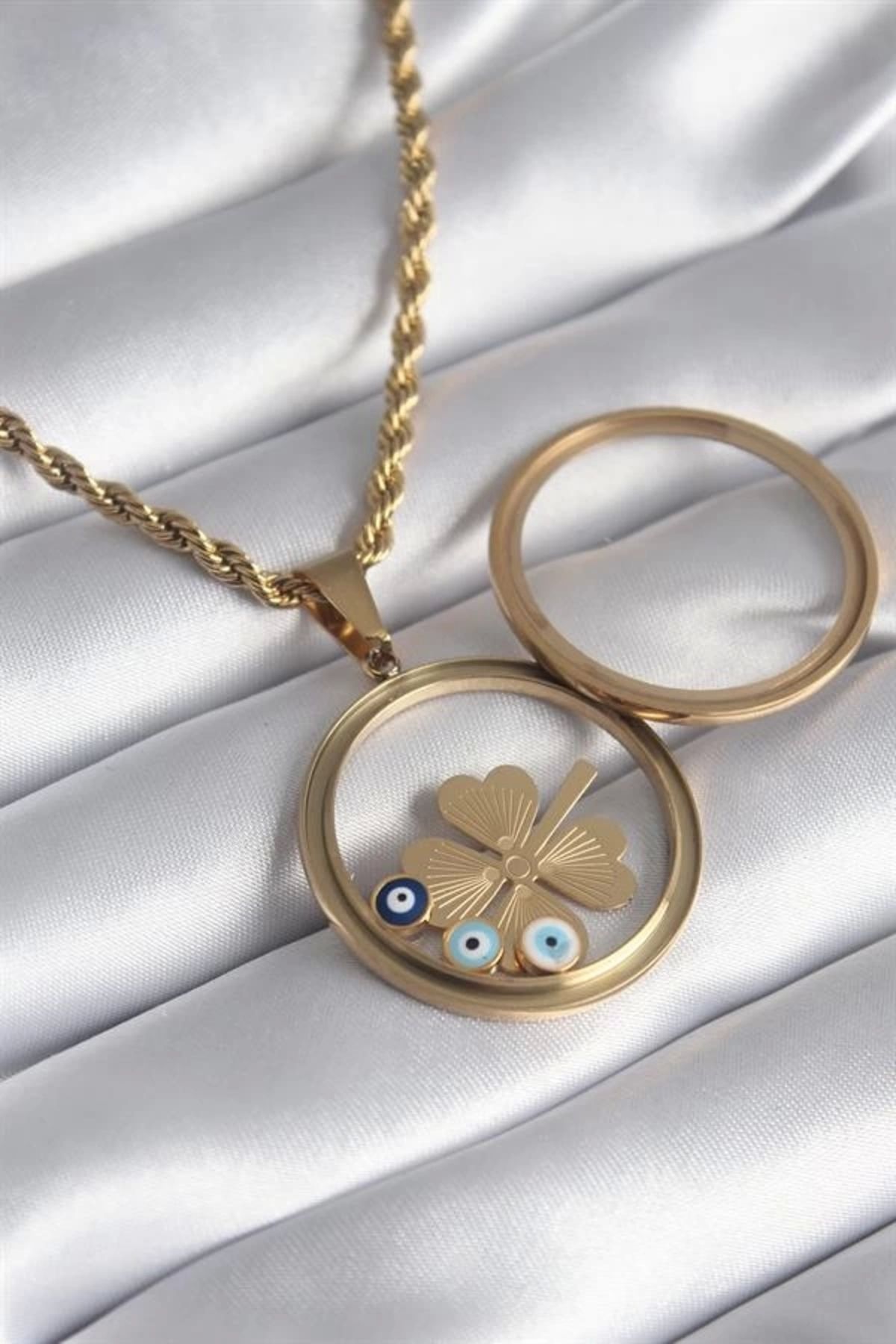 Lale Moda 316L Çelik Gold Renk Burgu Zincir Yonca Figür Açılabilir Fanus Model Kadın Kolye