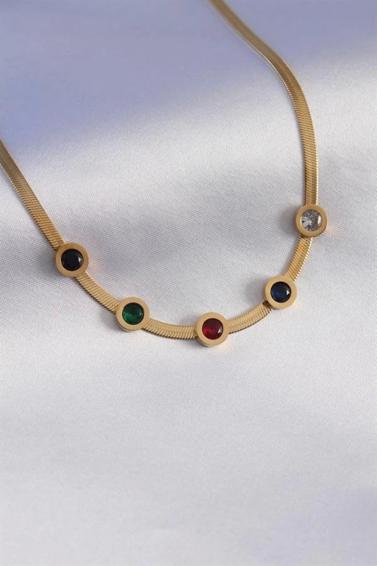 Lale Moda 316L Çelik Gold Renk İtalyan Zincir Model Zirkon Taşlı Kadın Kolye