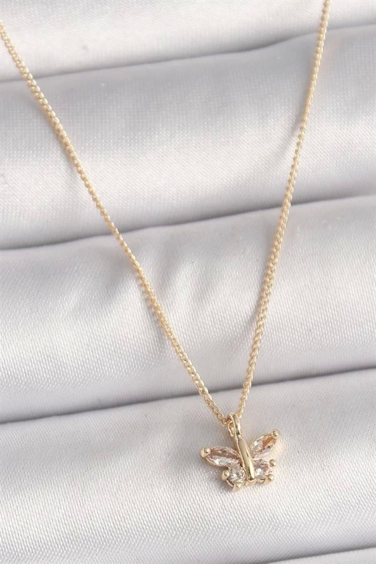 Lale Moda Pirinç Gold Renk Zirkon Taşlı Kelebek Model Kadın Kolye