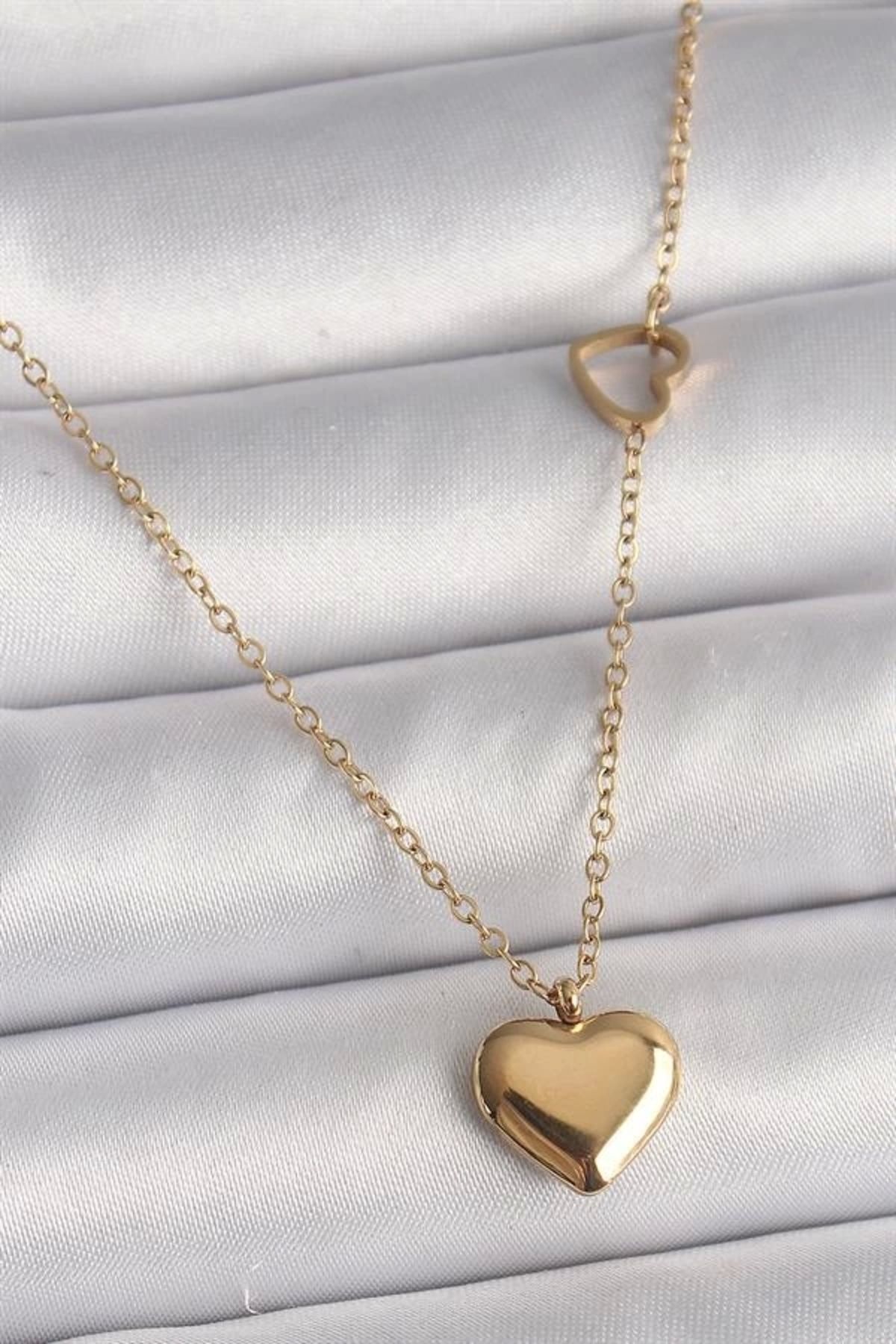 Lale Moda 316L Çelik Gold Renk Zincir Kalp Detay Kalp Figür Kadın Kolye