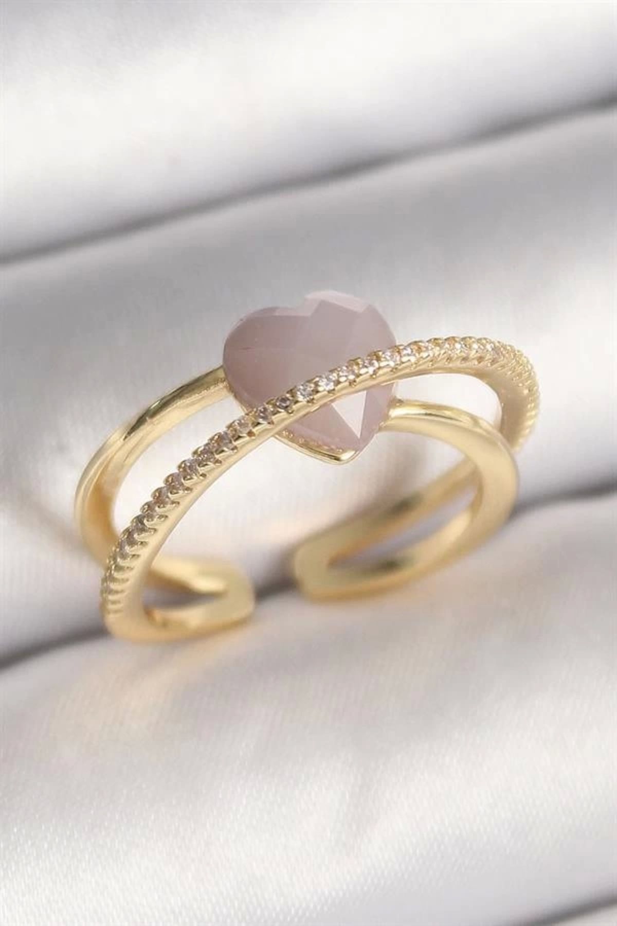 Lale Moda Pirinç Gold Renk Mor Kristal Kalp Model Zirkon Taşlı Kadın Yüzük