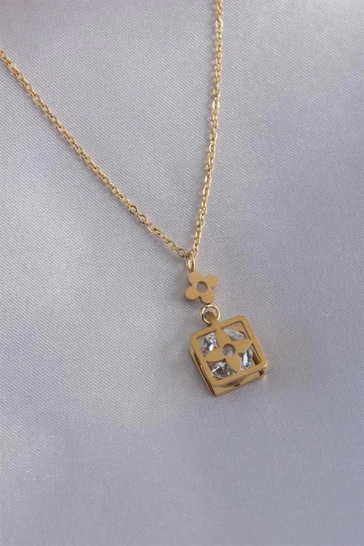 Lale Moda 316L Çelik Gold Renk Çiçek Figür Zirkon Taş Detay Kadın Kolye