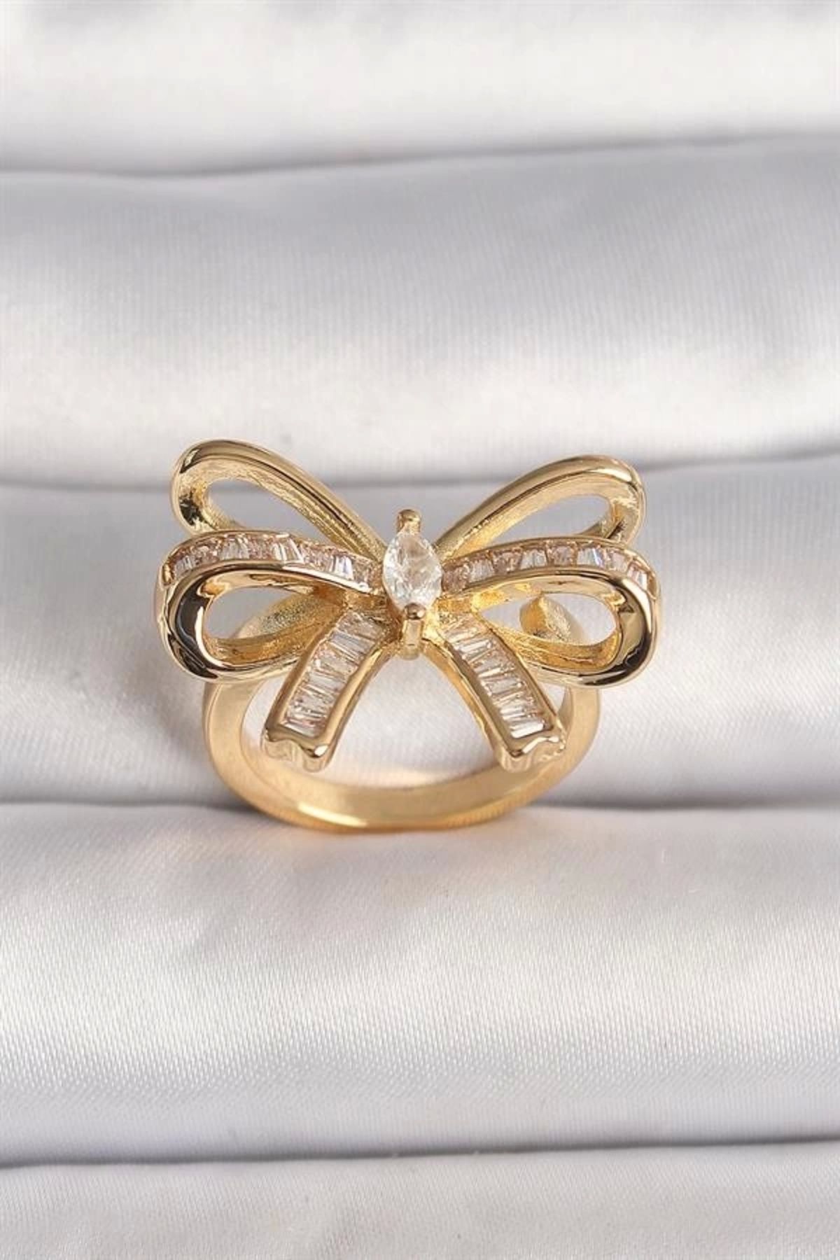 Lale Moda Pirinç Gold Renk Ayarlanabilir Zirkon Taşlı Kurdele Model Kadın Yüzük