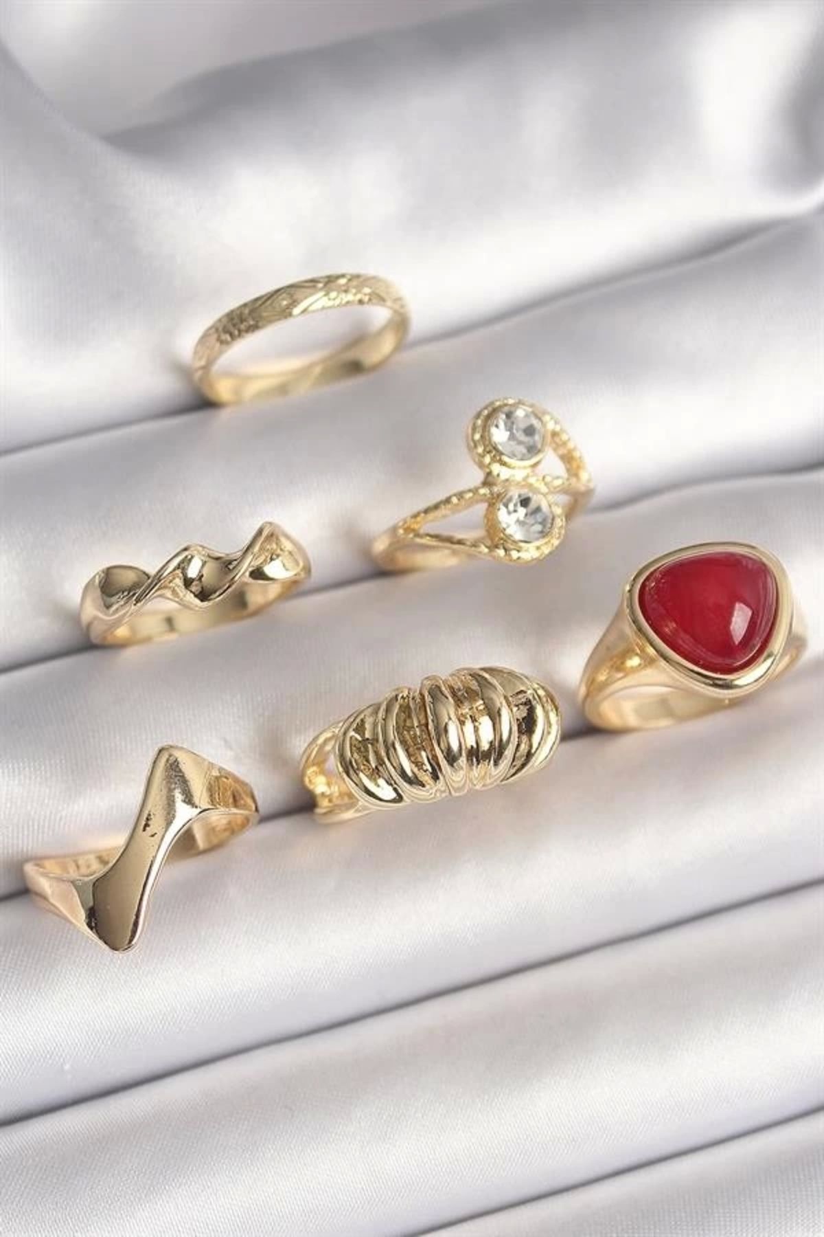Lale Moda Pirinç Gold Renk Sarmal Modl Zirkon Taşlı Sarmal Detay 6'Lı Kadın Yüzük Seti
