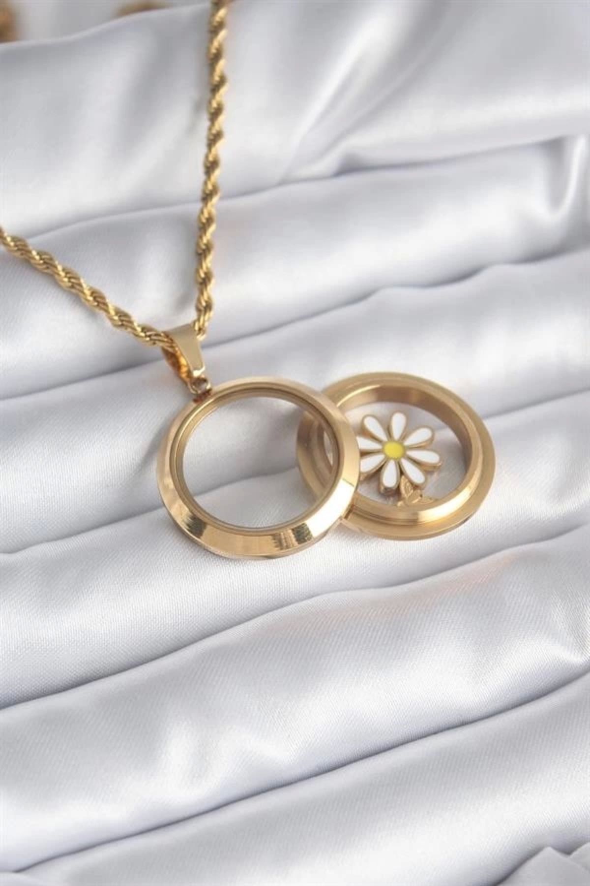 Lale Moda 316L Çelik Gold Renk Açılabilir Fanus Model Papatya Parçalı Kadın Kolye