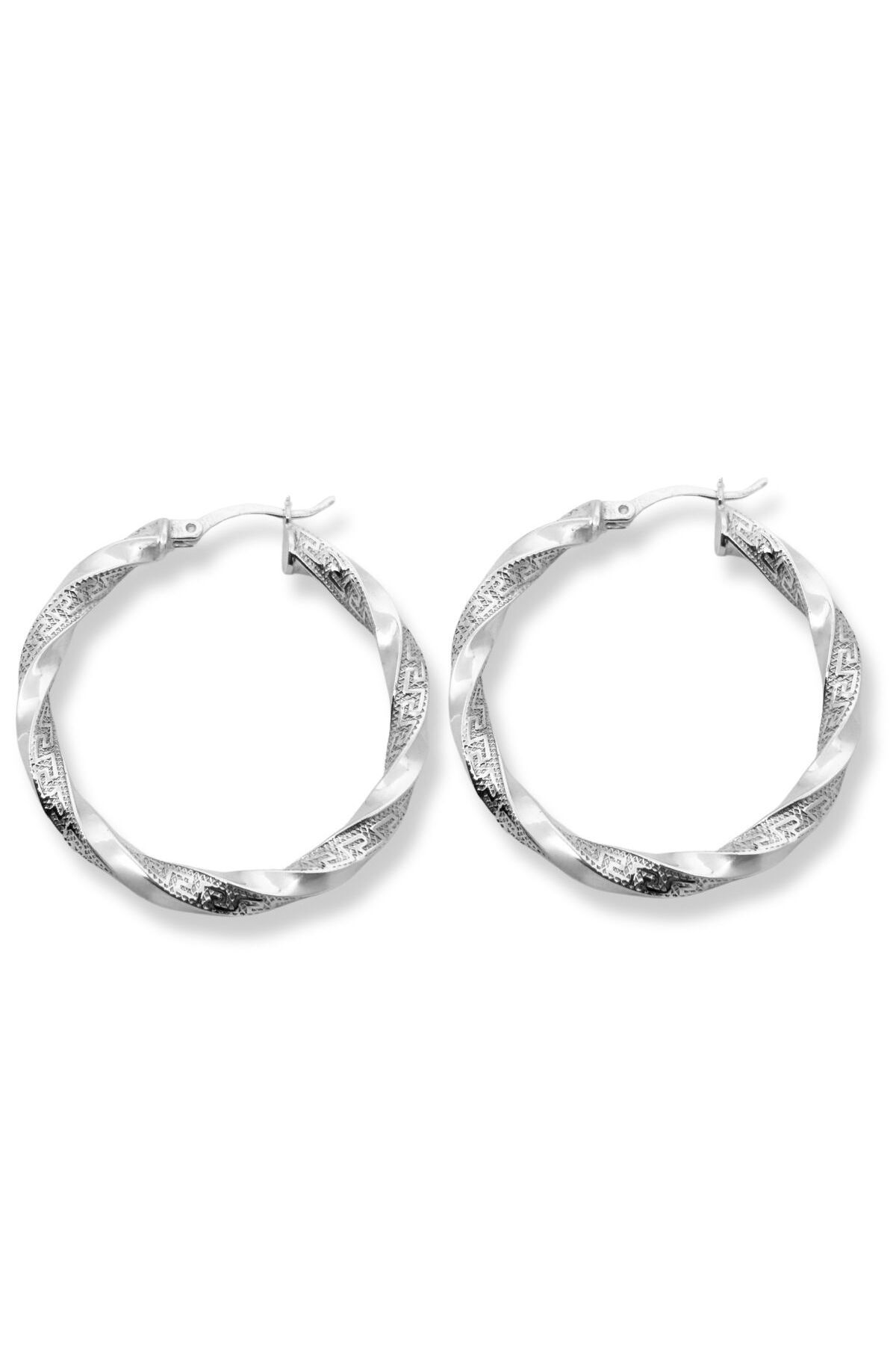 oya silver Grek Desenli Burgu Kadın Gümüş Halka Küpe 3.5x3.5 CM