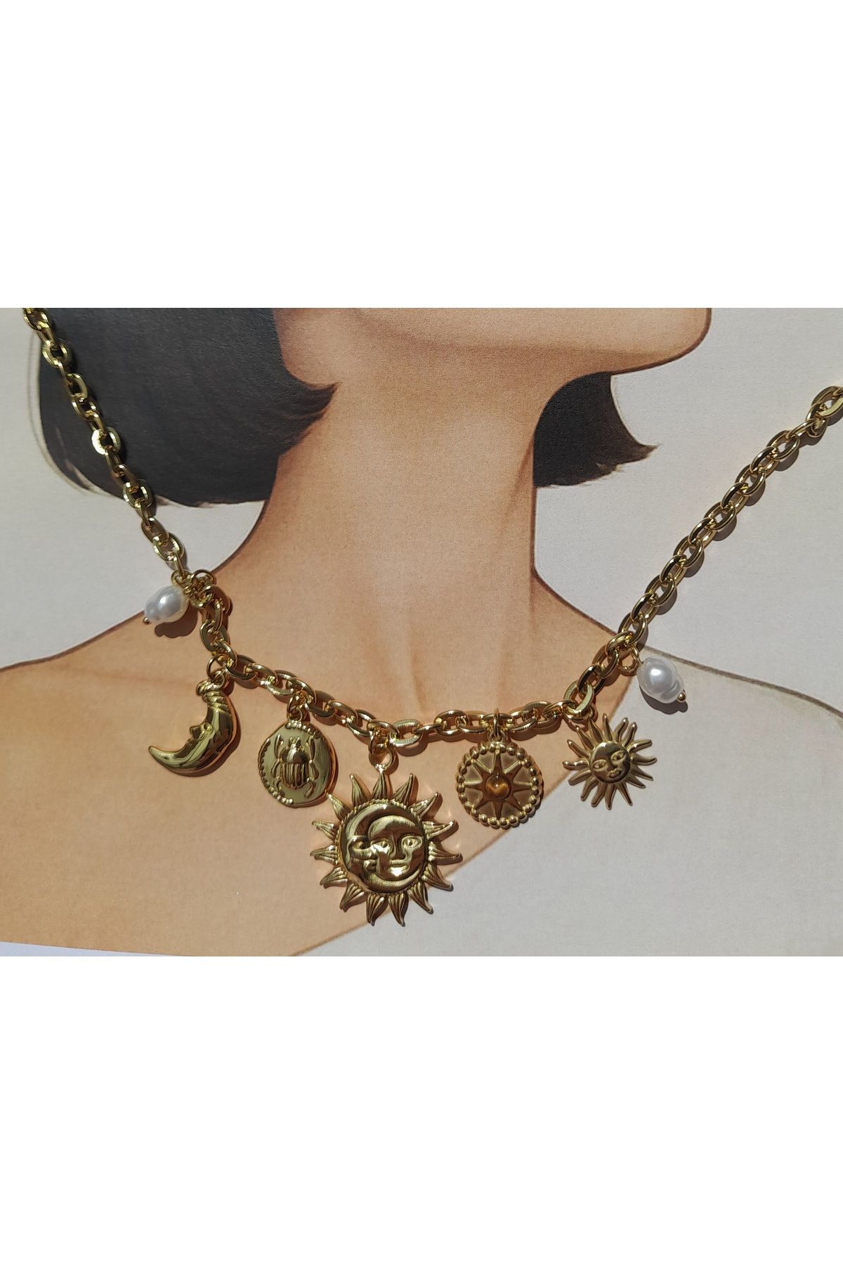 Clariss Altın Renkli Çelik Retro Desenli Su Yolu Model Kararma Yapmayan Kadın Kolye