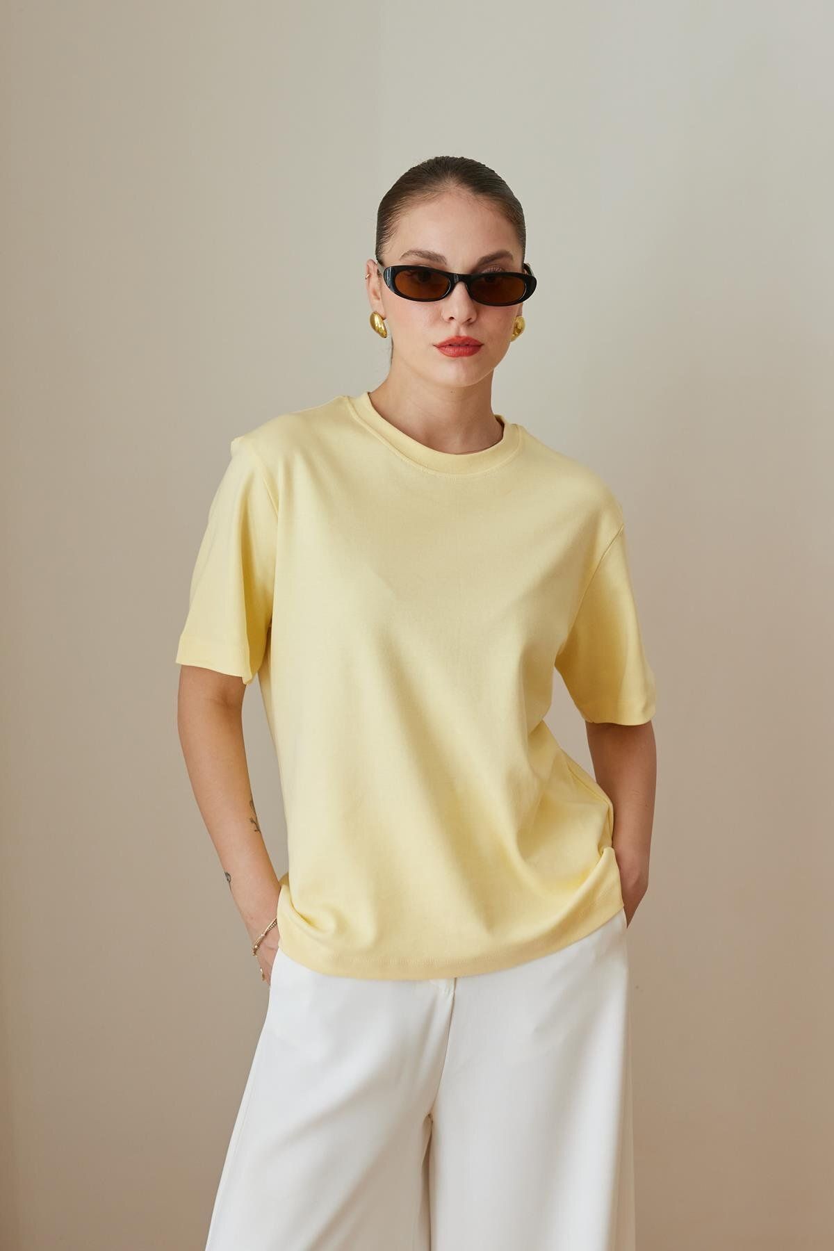 Askı Tekstil Limon-Sarı Koton Kumaş Bisiklet Yaka Basic T-Shirt