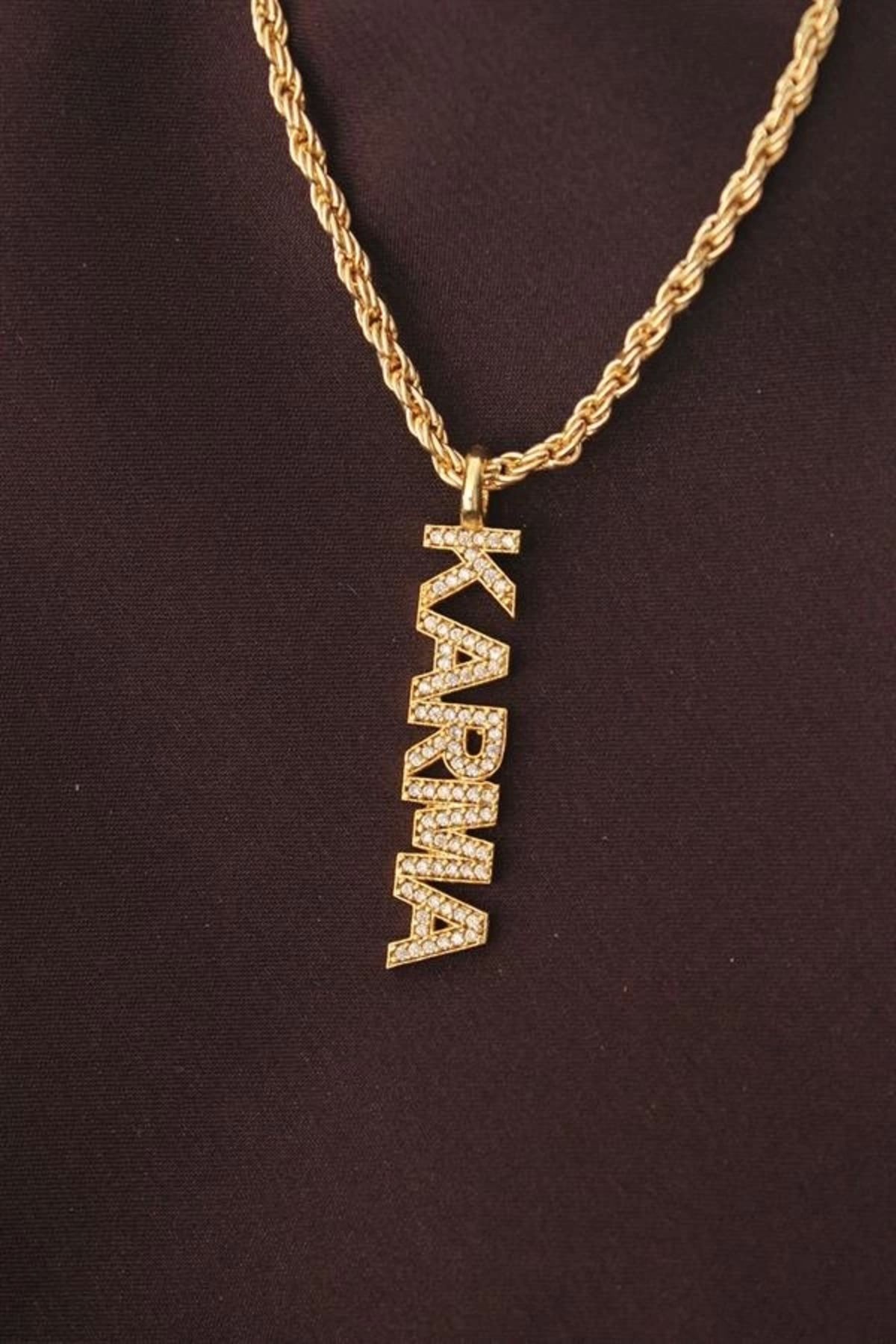 Lale Moda Altın Renk Zirkon Taşlı Karma Yazılı Kolye
