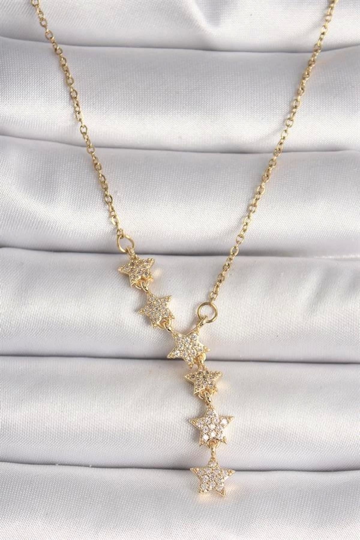 Lale Moda 316L Çelik Gold Renk Zincir Zirkon Taşlı Yıldız Model Kadın Kolye