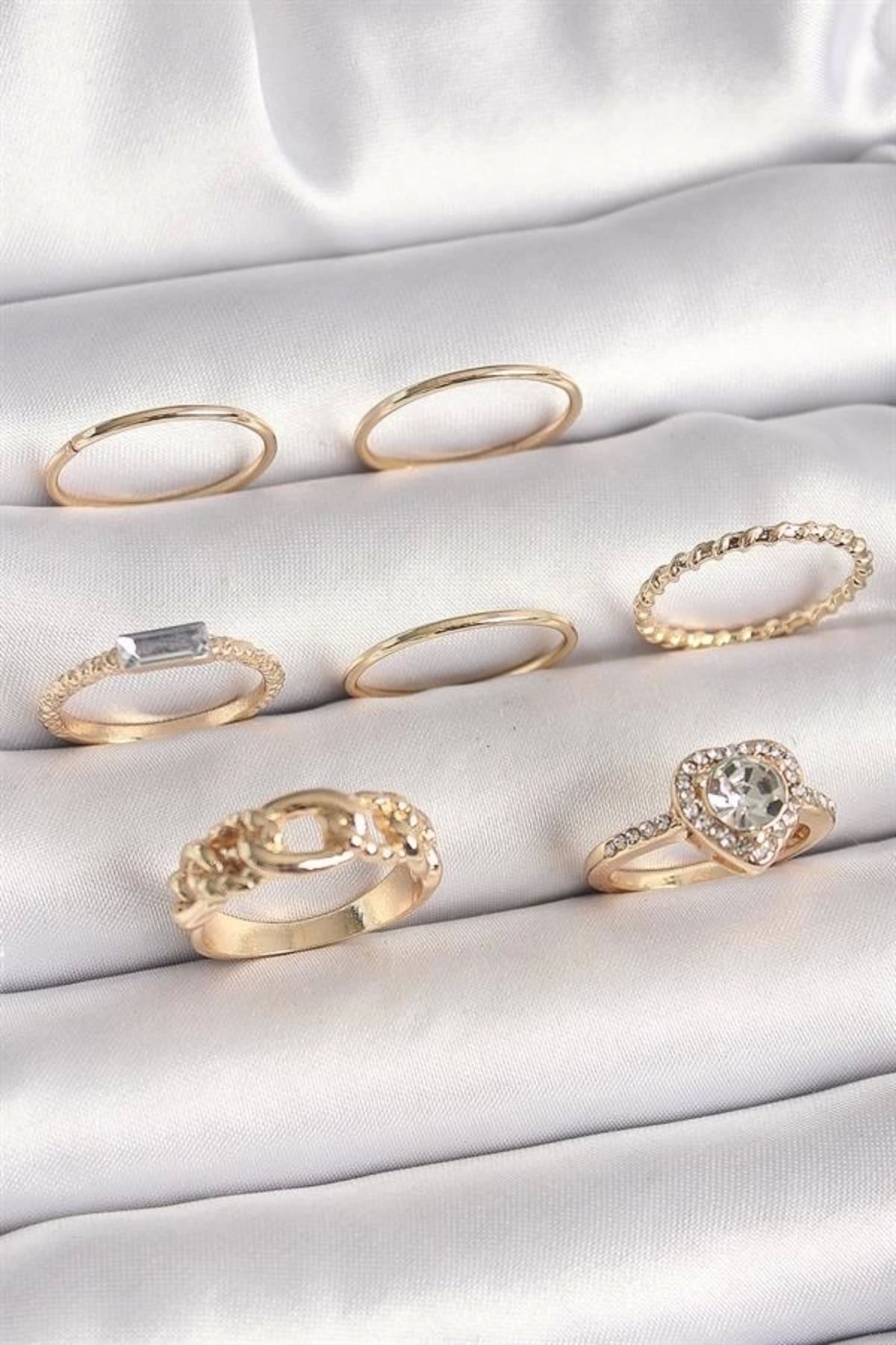 Lale Moda Pirinç Gold Renk Zirkon Taşlı Kalp Figür Düğüm Detay Kadın Yüzük Kombini