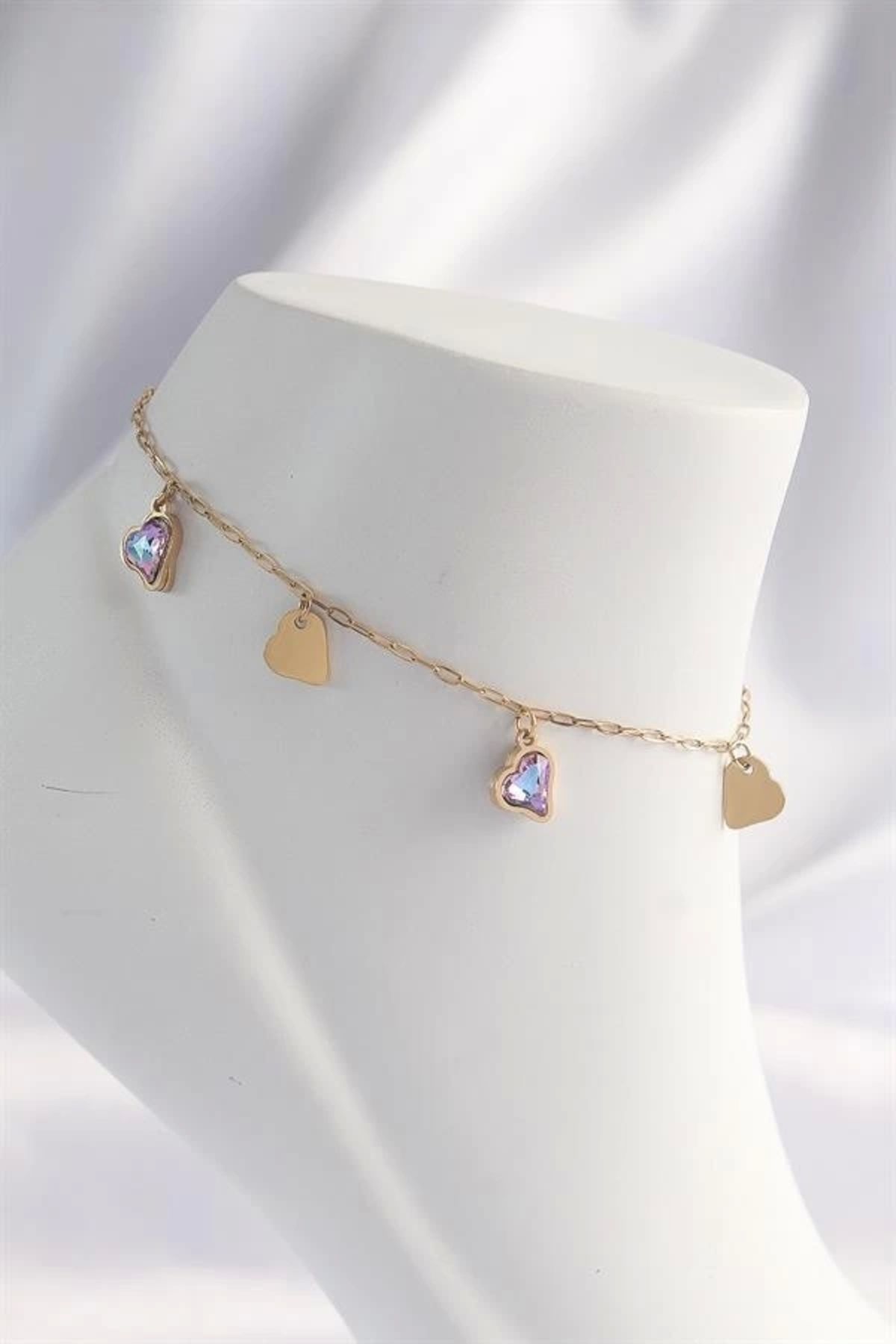 Lale Moda 316L Çelik Gold Renk Minimal Renkli Zirkon Taşlı Kalp Halhal