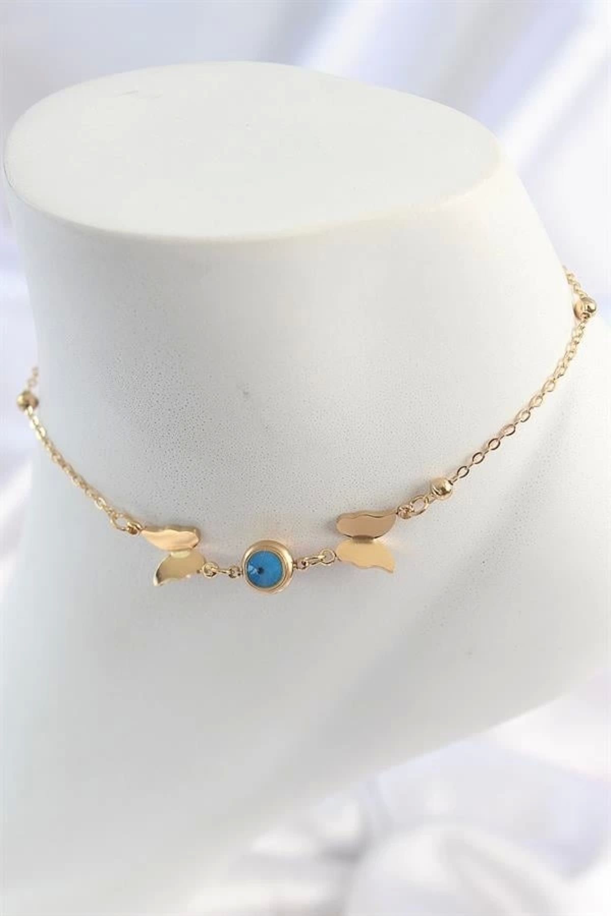 Lale Moda 316L Çelik Gold Renk Kelebek Nazar Boncuk Figür Kadın Halhal