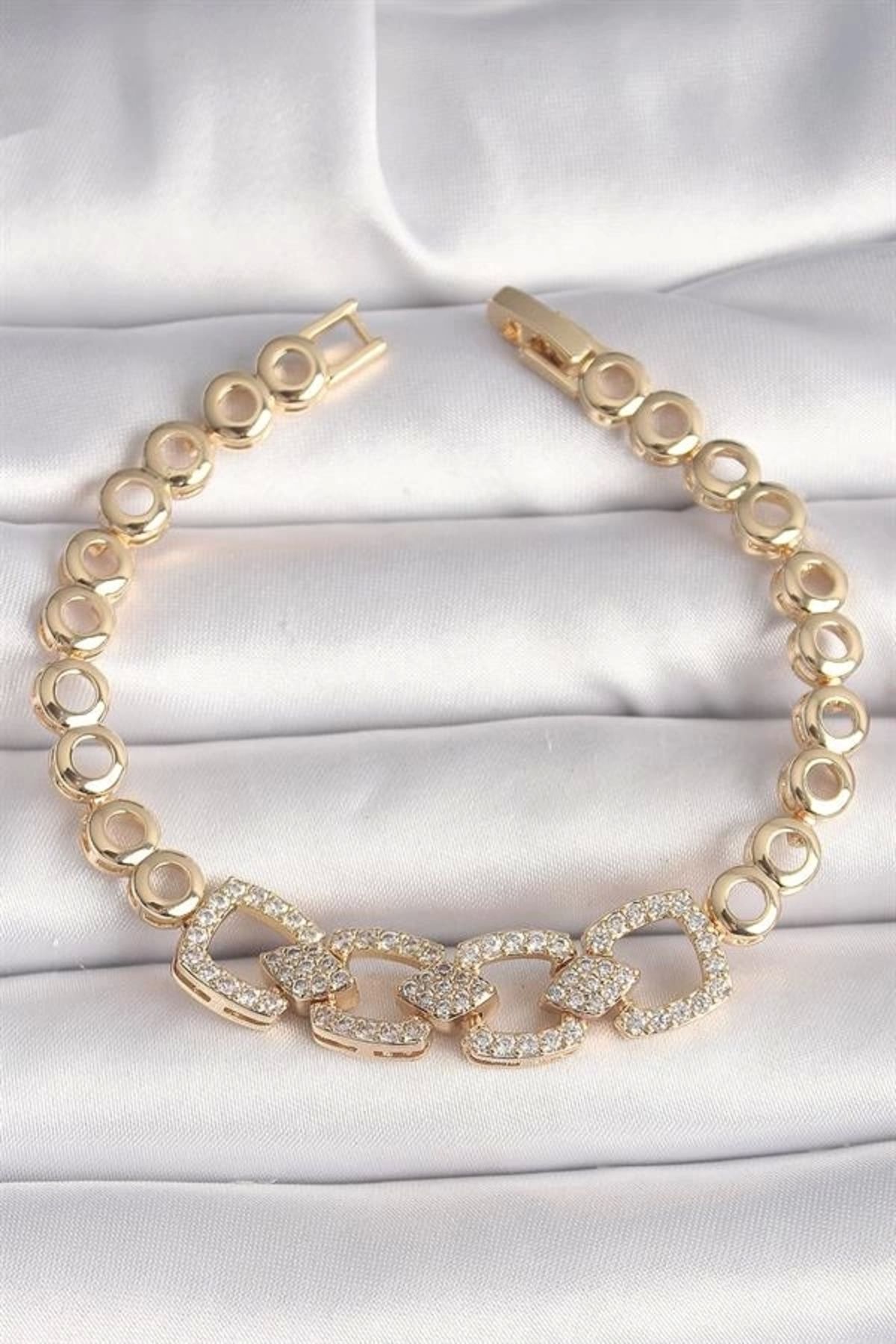 Lale Moda Pirinç Gold Renk Zirkon Taşlı Daire Zincir Model Kadın Bileklik