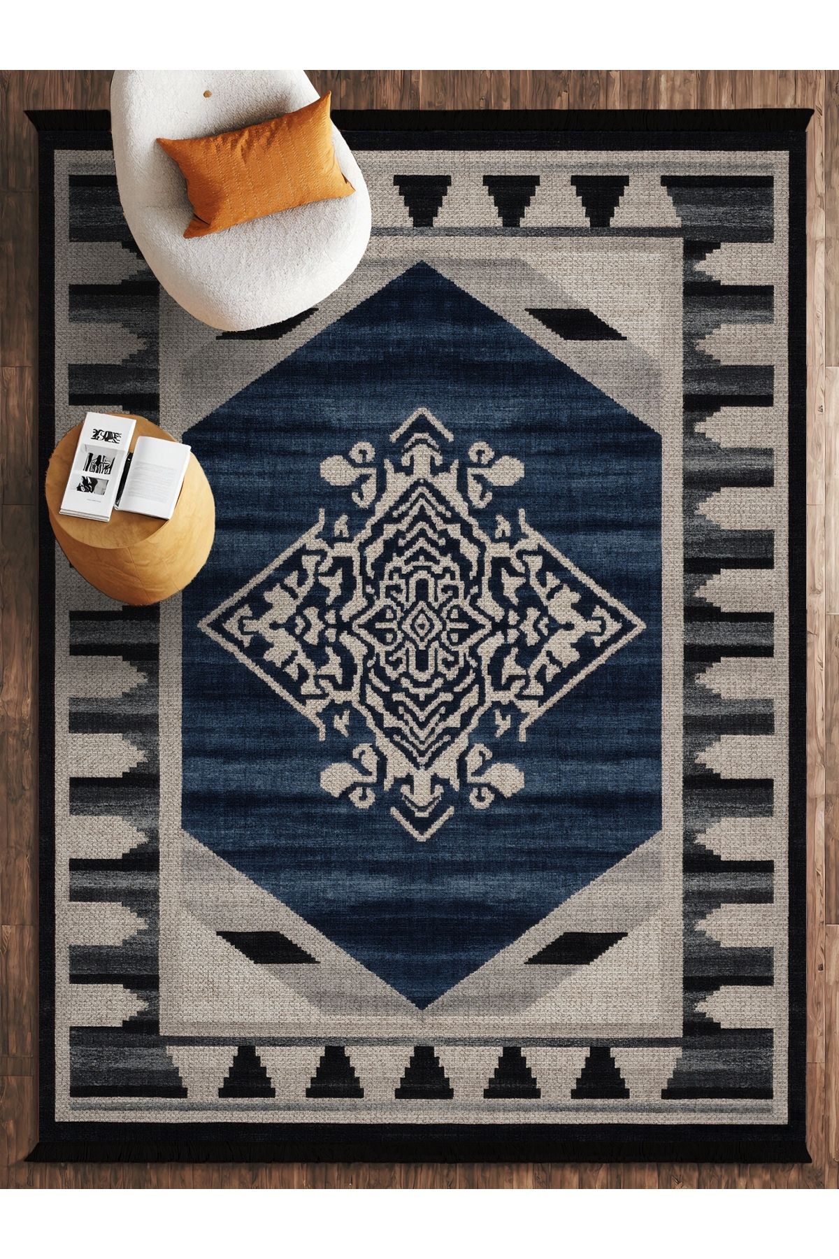 HALIZZON Mavi Geometrik Kilim Desenli Halı Modern Etnik Uyum