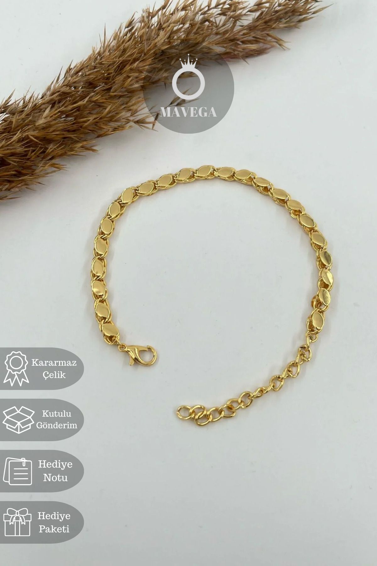 MAVEGA Yüksek Kalite Kararmaz Paslanmaz Çelik Arpa Bileklik | Kararmaz Çelik, Altın Renk, 18+5 Cm