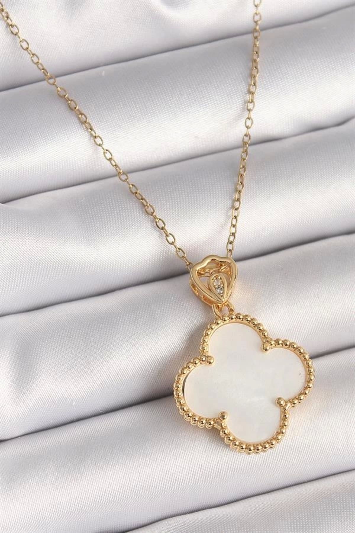 Lale Moda 316L Çelik Gold Renk Zincir Zirkon Taş Detaylı Beyaza Yonca Model Kadın Kolye