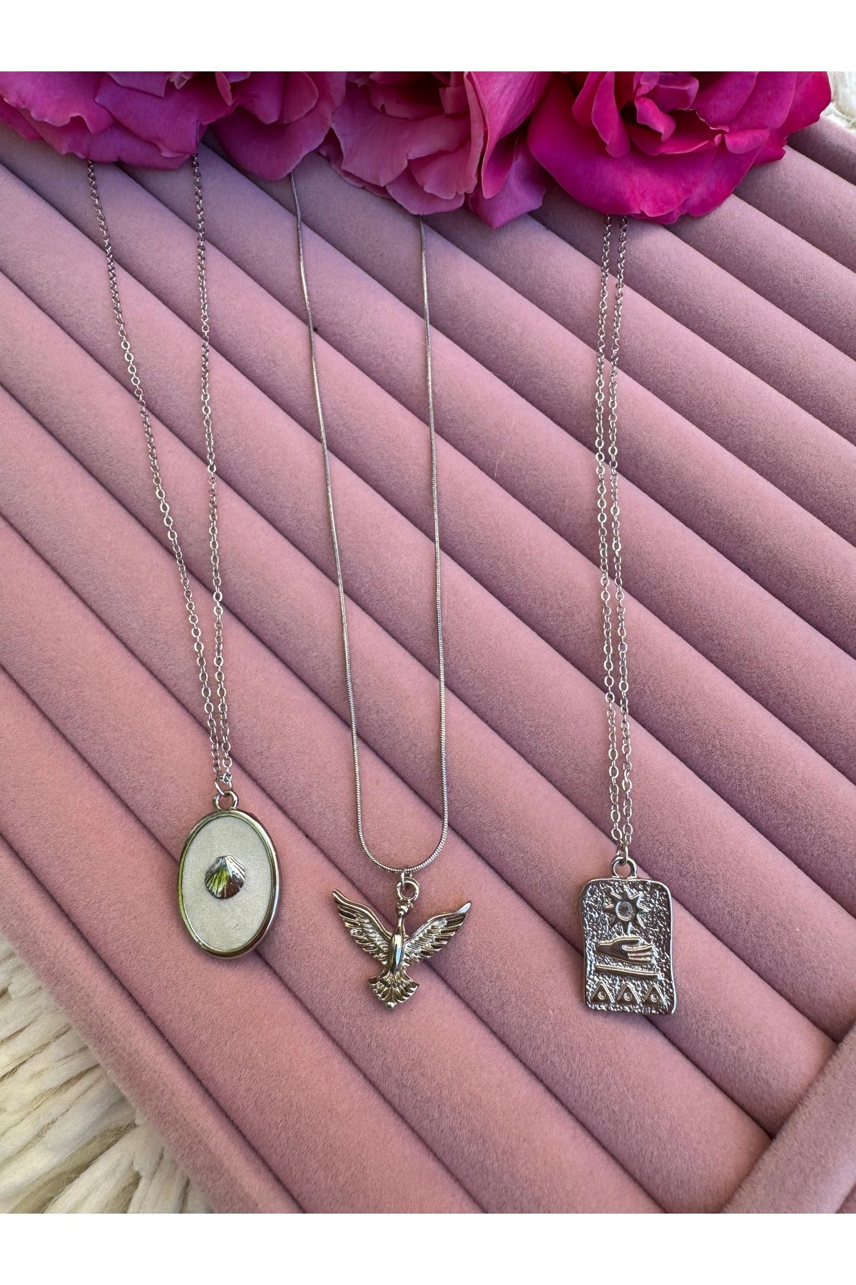 Gleemy accesories Rodyum kaplama ince çelik zincir ile Madalyon Deniz Kabuğu,tarot,anka kuşu şık kadın kolye