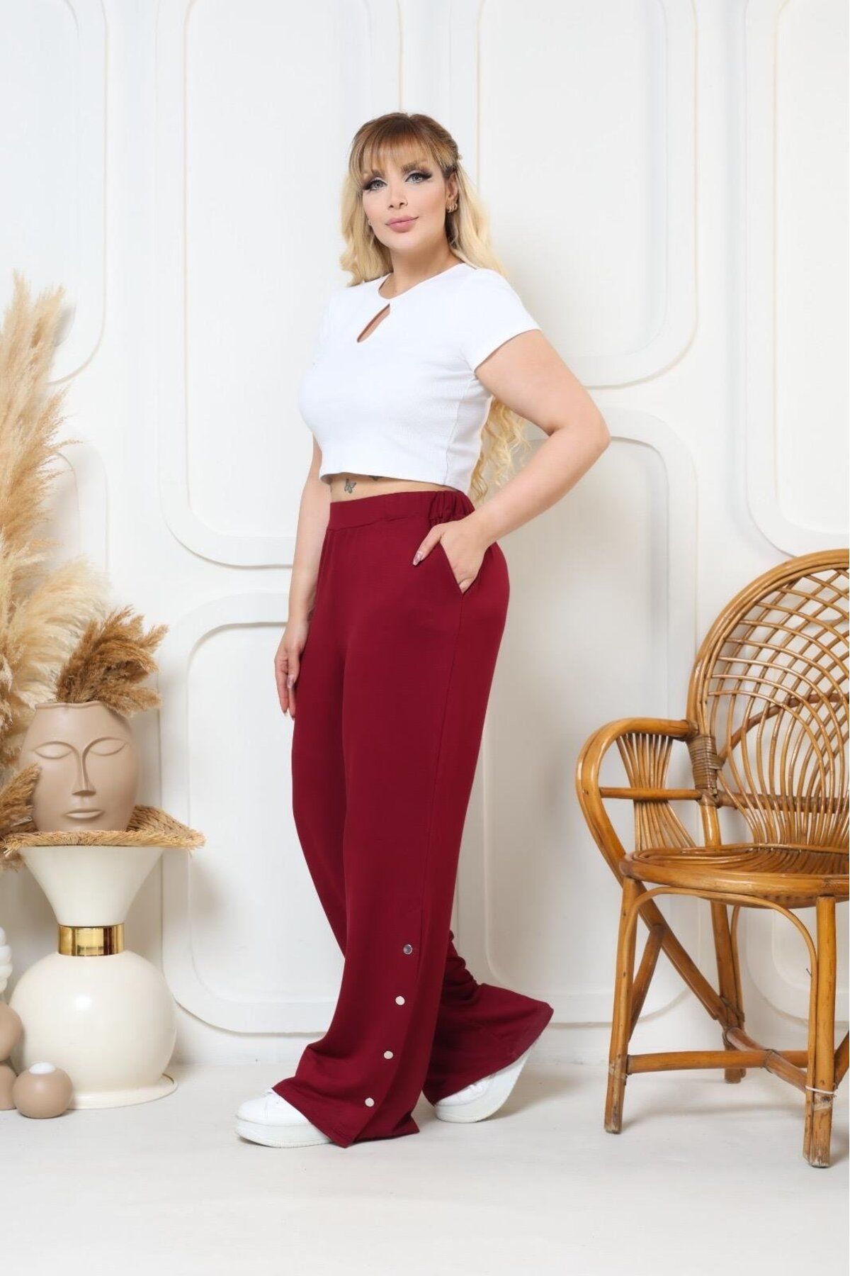 EMEZ Bordo çıtçıtlı salaş model pantolon