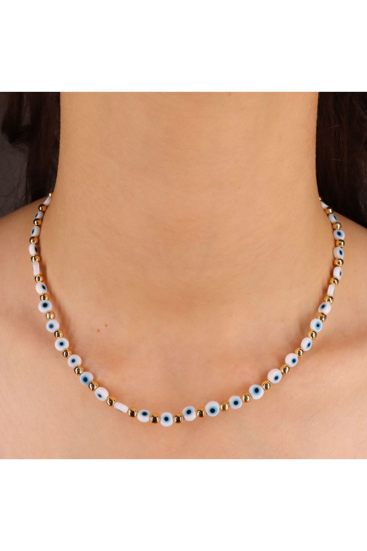 mercanjewelry Altın Detaylı Nazar Boncuklu Minimalist El Yapımı Kolye