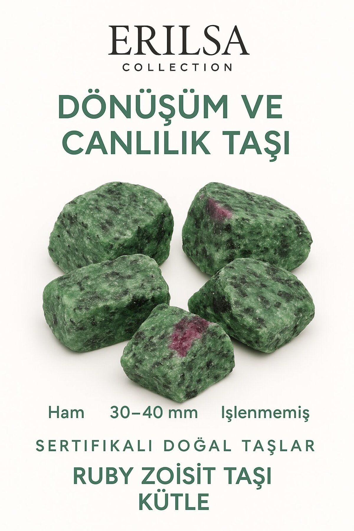 Erilsa Sertifikalı Ham İşlenmemiş Ruby Zoisit (Anyolit) Taşı Kütle – El Taşı Tutku, Denge Spiritüel Uyanış