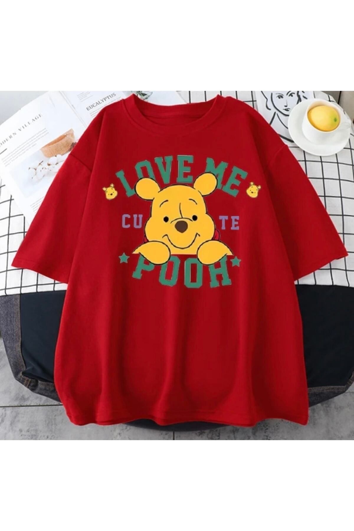 H&GHAMLEGİYİM Özel Üretim Love Me Pooh Baskılı %100 Pamuk Oversize Kadın T-shırt