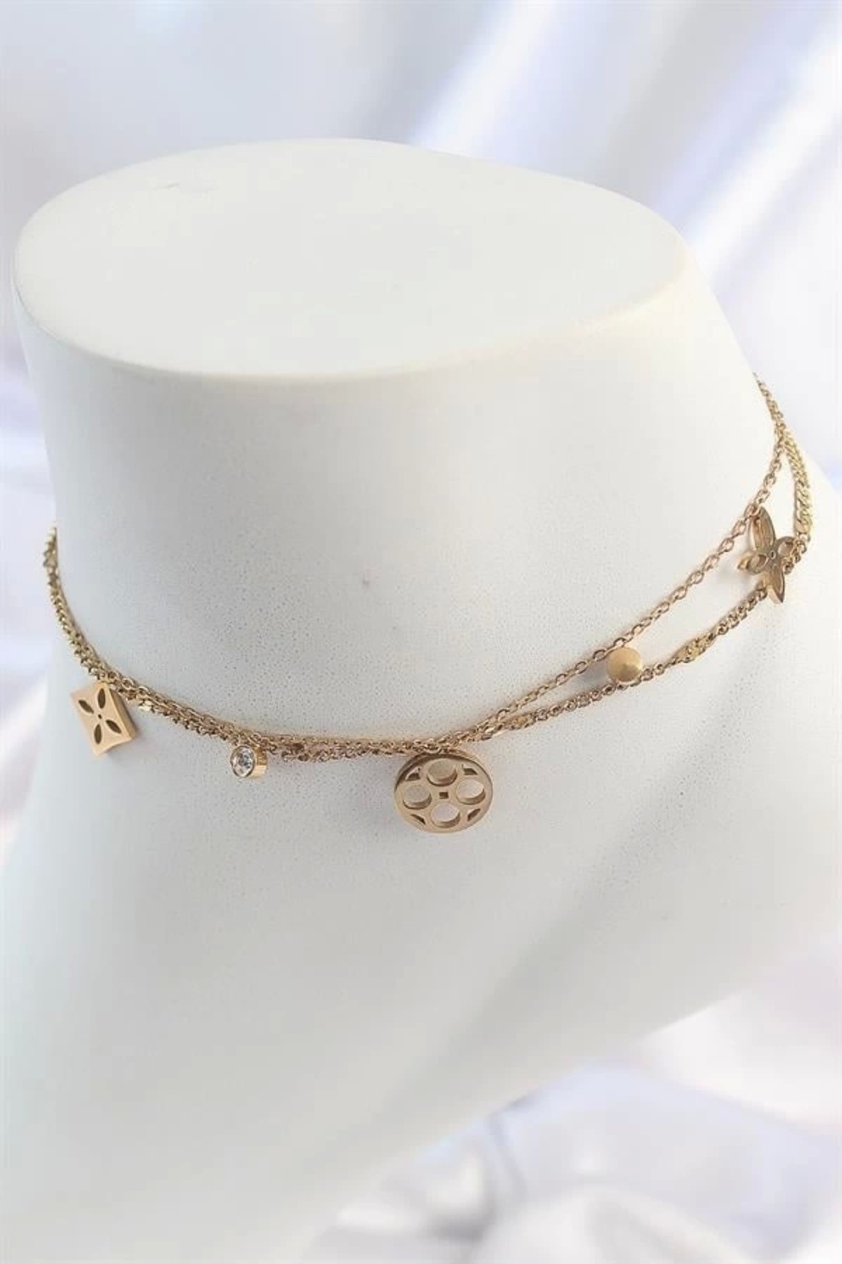 Lale Moda 316L Çelik Gold Renk 2'Li Zincir Rüya Kapnı Figür Zirkon Taş Detay Kadın Halhal