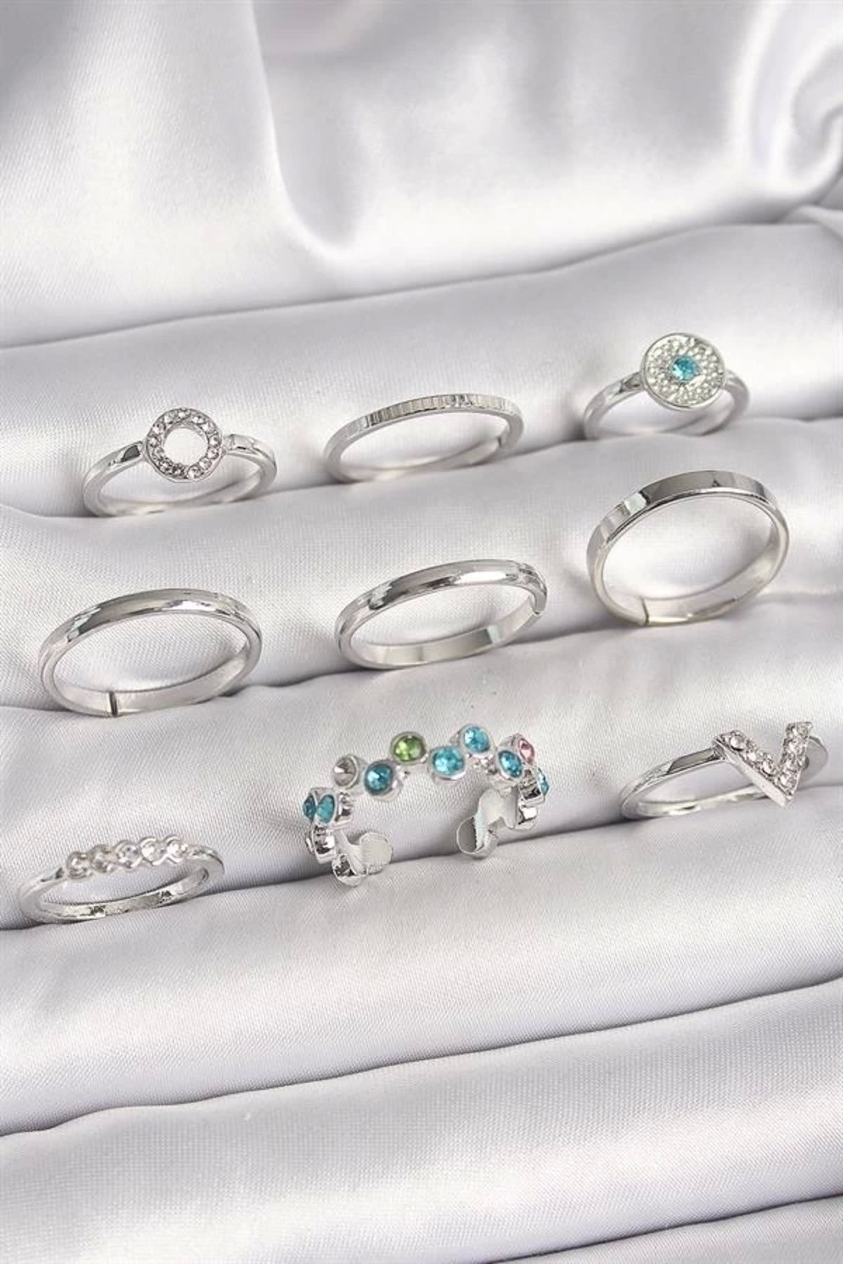 Lale Moda Pirinç Gümüş Renk Renkli Zirkon Taşlı Kadın Yüzük Kombini
