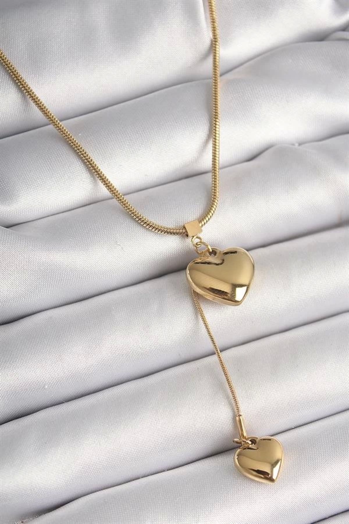 Lale Moda 316L Çelik Gold Renk Tüp Zincir Model 3D Sallantı Kalp Model Kadın Kolye