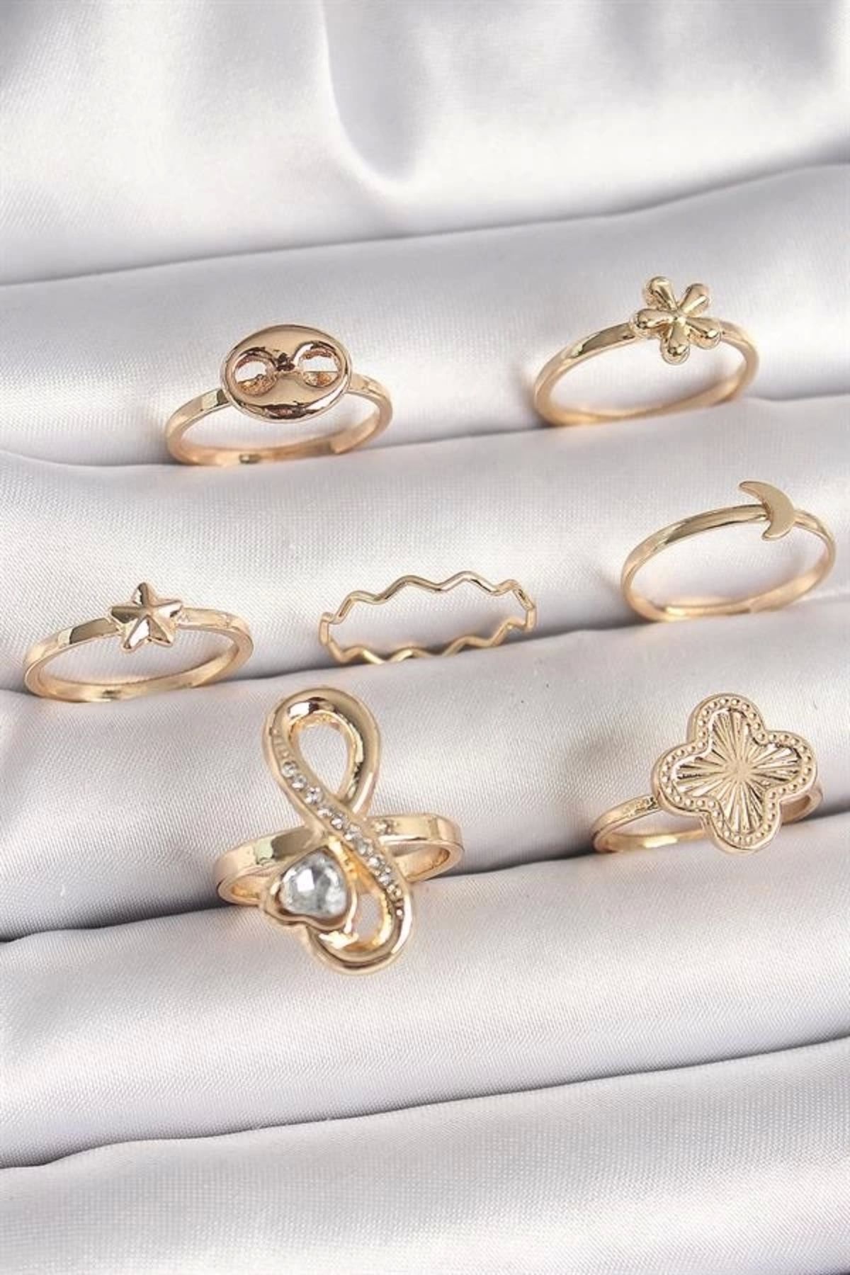 Lale Moda Pirinç Gold Renk Zirkon Taşlı Sonsuzluk Figür Yıldız Detay Kadın Yüzük Kombini