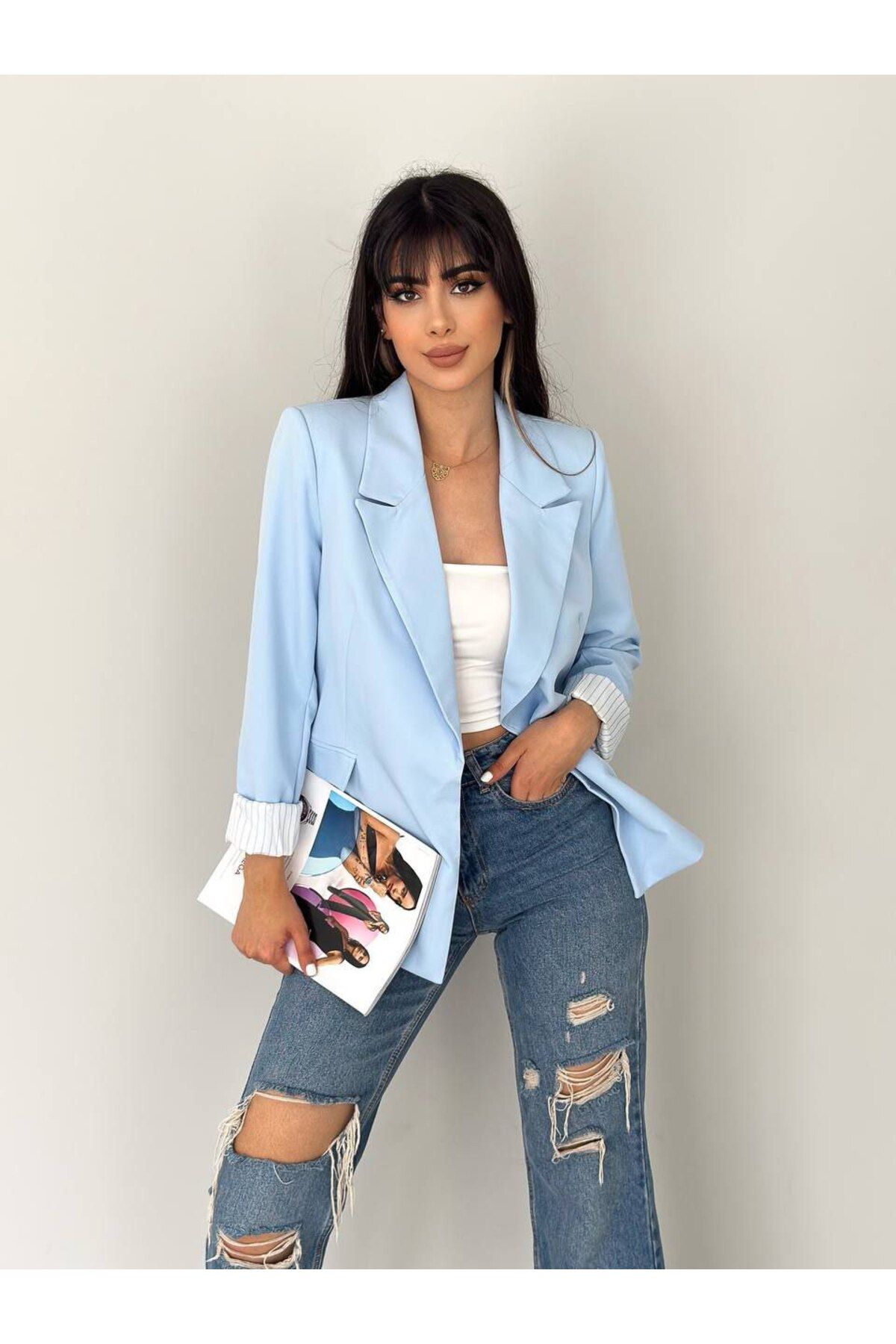 STMT BUTİK Astarlı Kruvaze Kadın Ceket – Çizgili Blazer Model