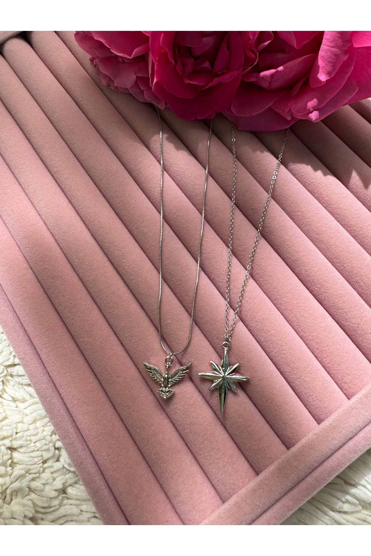 Gleemy accesories Rodyum kaplama ince çelik zincir ile anka kuş,kuzey yıldızı kolye set