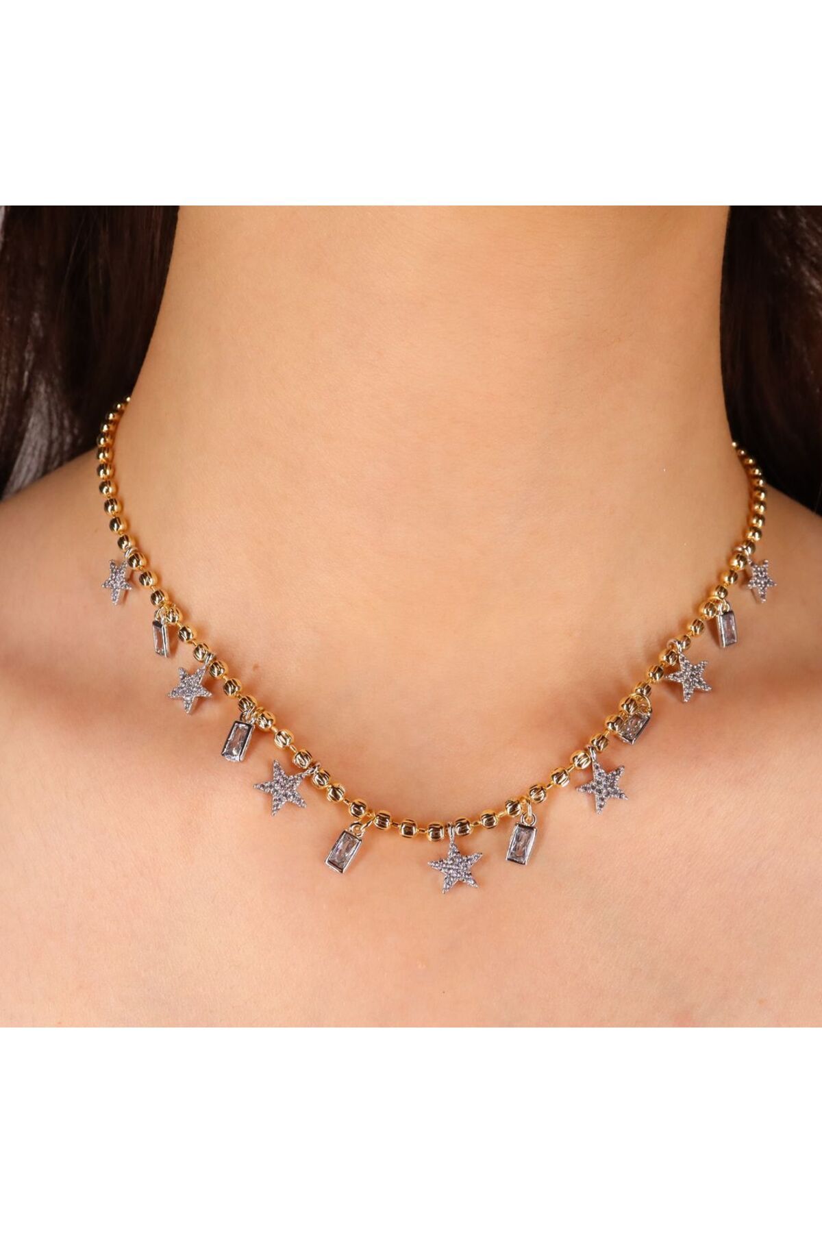 mercanjewelry VİP Çelik Gold Yıldızlı Tasarım Kolye