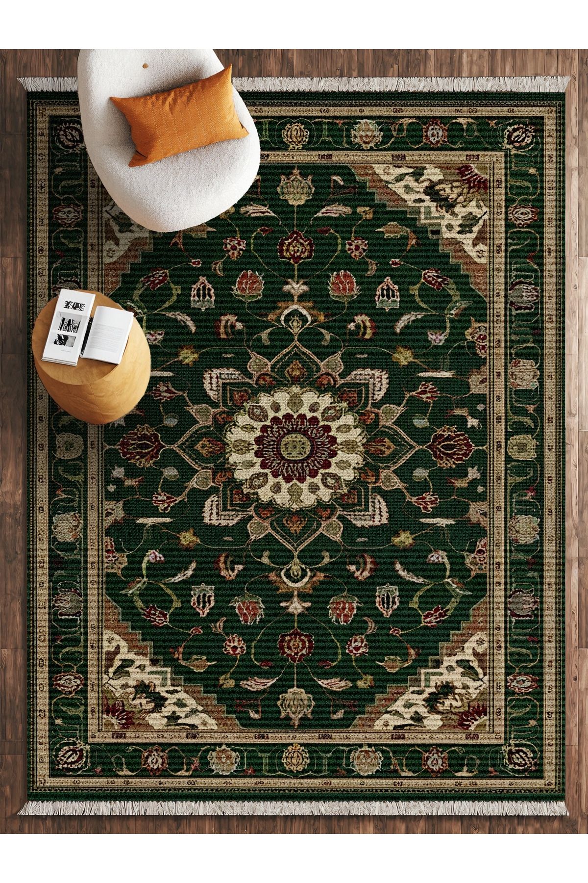 HALIZZON Yeşil Geleneksel Desenli Halı Doğadan İlham Alan Stil Kaymaz Taban