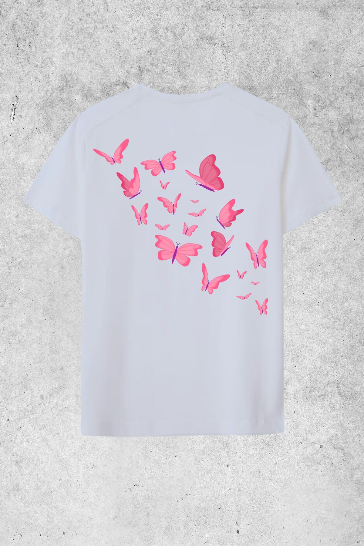 MOLICO Basic unisex sıfır yaka kısa kollu PEMBE KELEBEK SIRT baskılı OVERSİZE tshirt