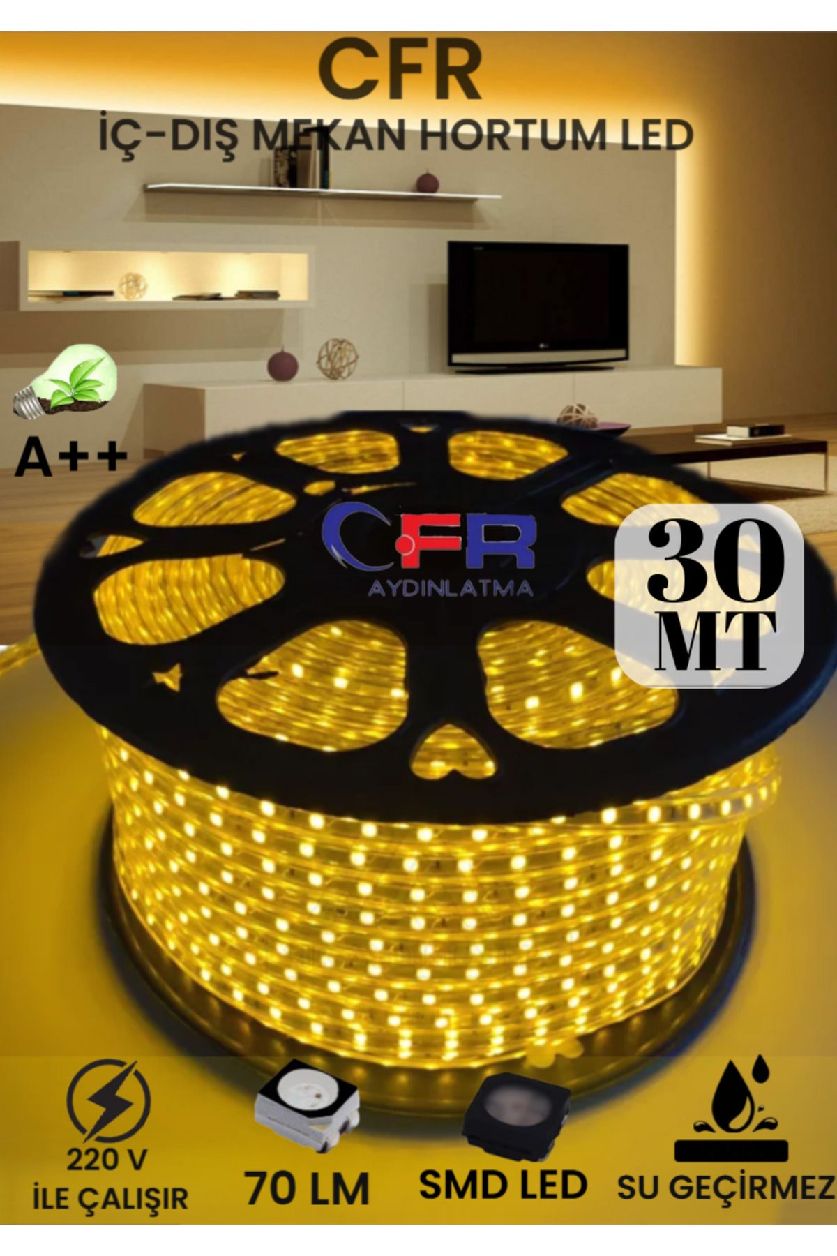 CFR Hortum Esnek Şerit Led Beyaz günışığı,amber Rengi + 220v Fiş/2,3,4,5,10,15,20,25,50,100 Metre