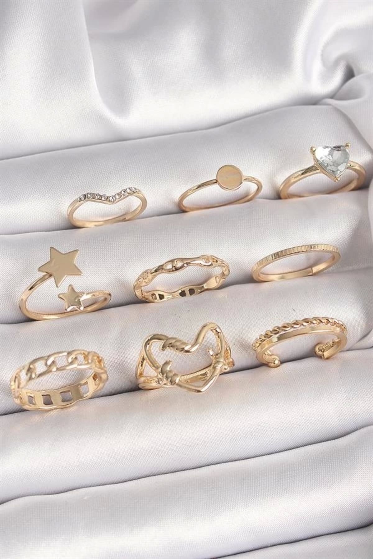 Lale Moda Pirinç Gold Renk Zirkon Taş Detaylı Kalp Yıldız Figür Kadın Yüzük Kombini