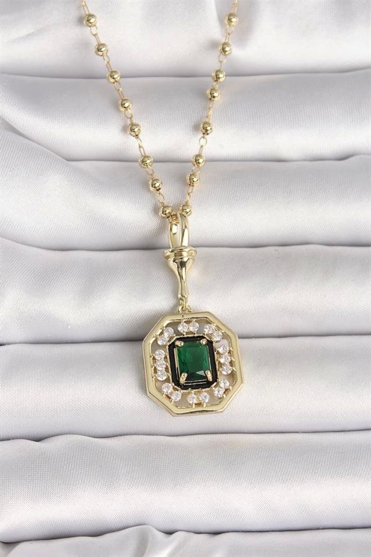 Lale Moda 316L Çelik Gold Renk Topçuk Zincir Yeşil Taşlı Seranay Model Kadın Kolye