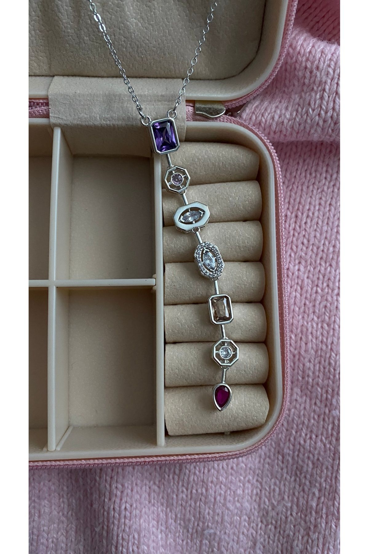 JEWELRY Çelik Gümüş Rengi Renkli Taşlı Y Kolye