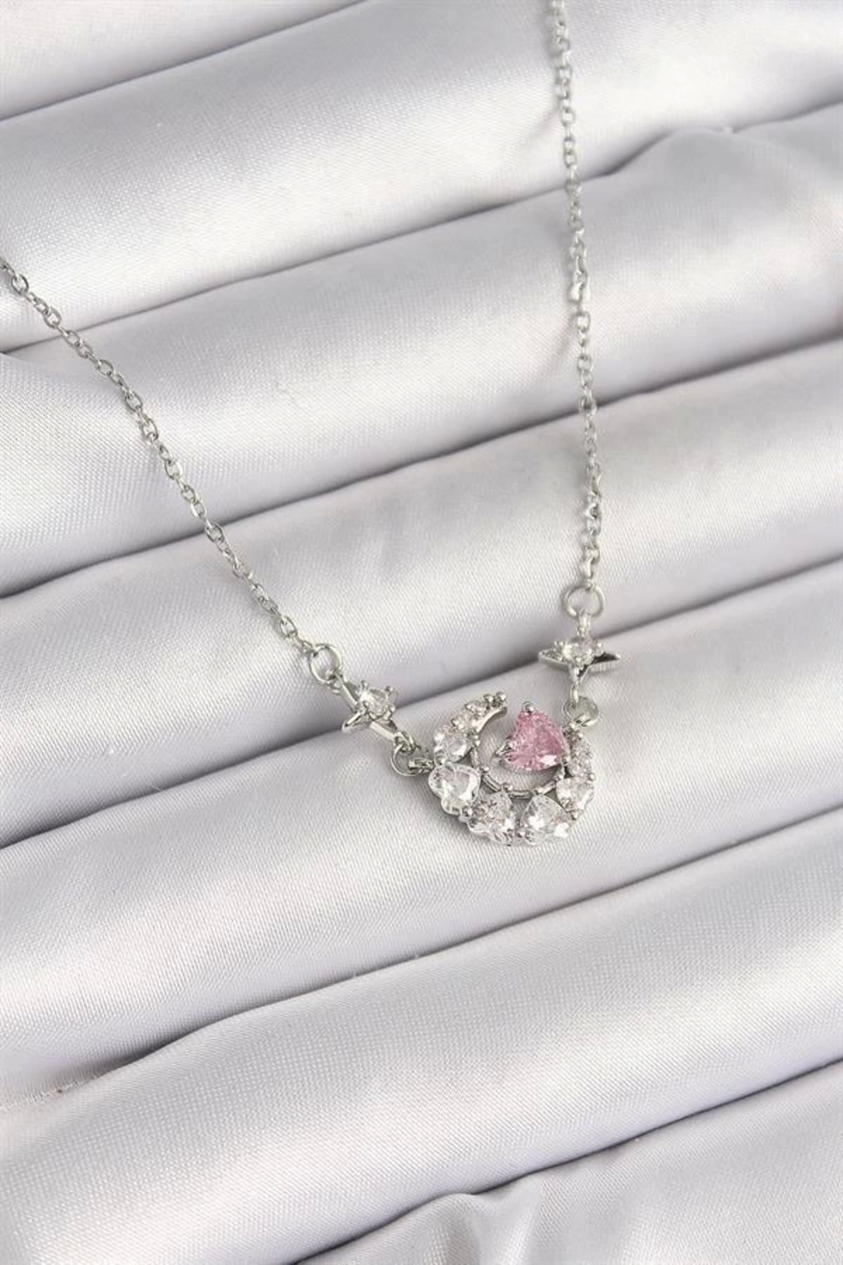 Lale Moda 316L Çelik Gümüş Renk Zirkon Taşlı Hilal Pembe Kalp Model Kadın Kolye